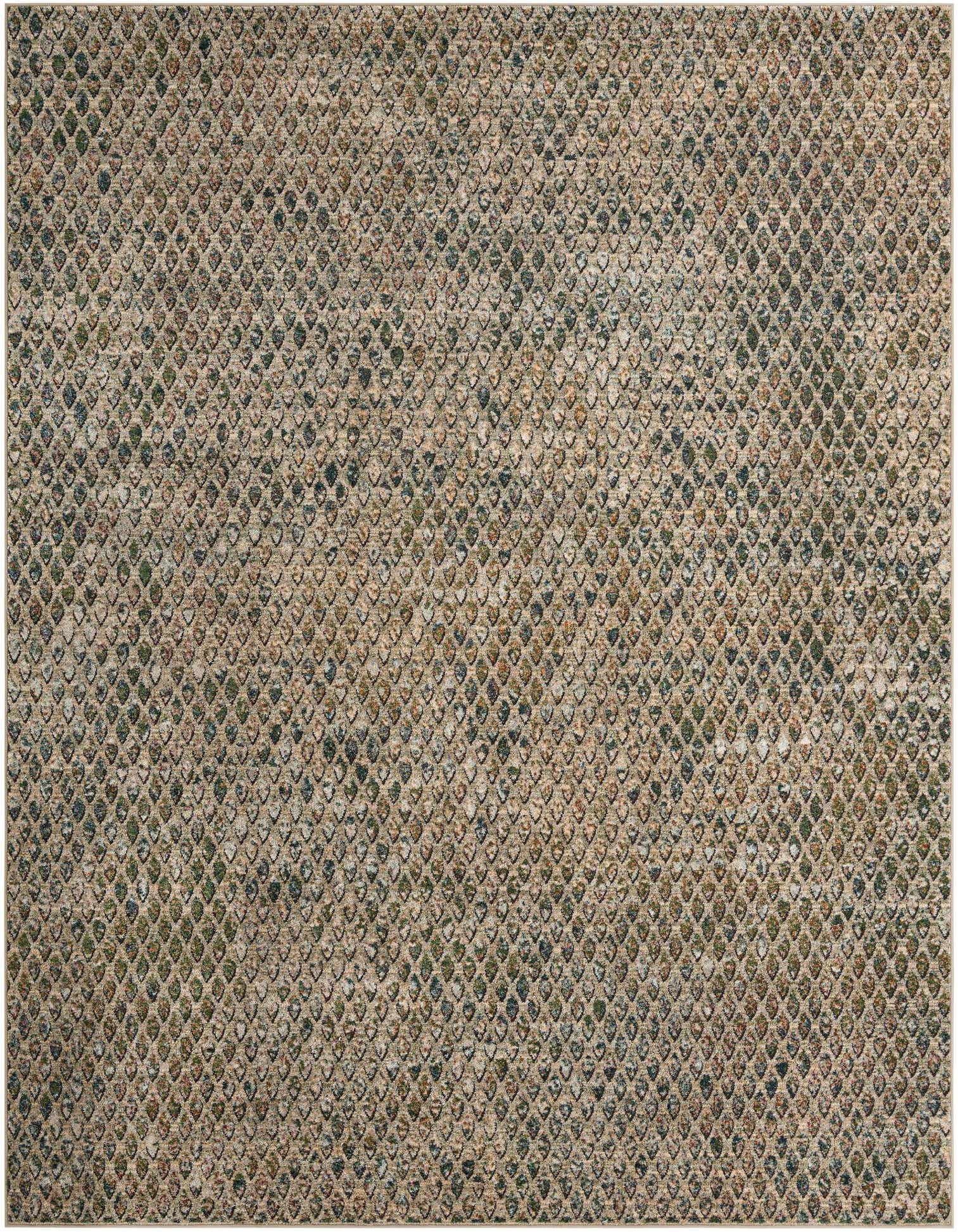 A 9x12 rectangular Stella rug with a multi-colored textured diamond pattern in shades of green, blue, and brown on a beige background.