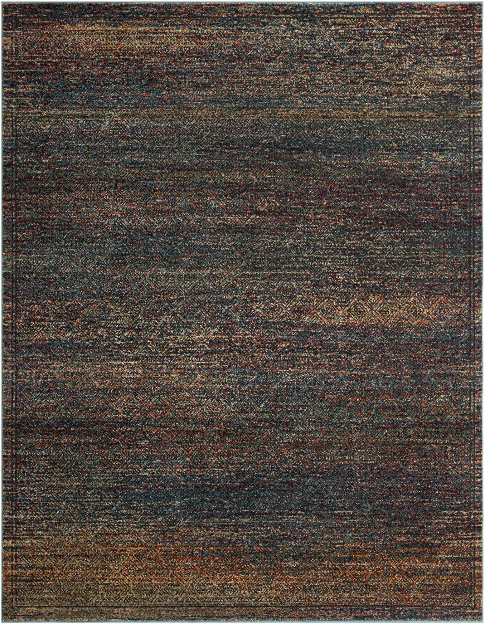 A rectangular 8x10 multi-colored area rug with an abstract, textured pattern in shades of blue, brown, and orange.