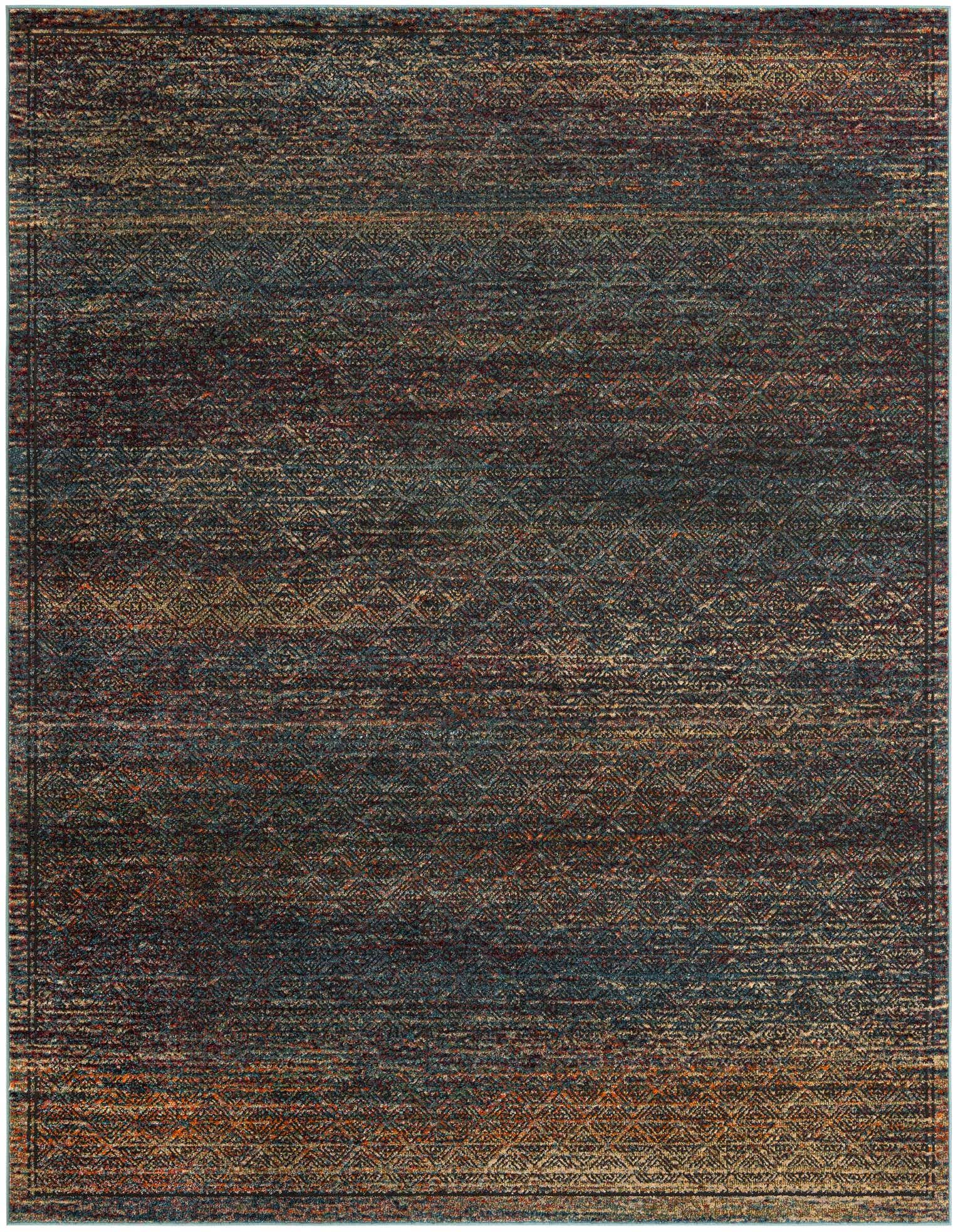A 9x12 multi-colored rectangular area rug with a textured, abstract pattern featuring shades of blue, orange, brown, and beige.