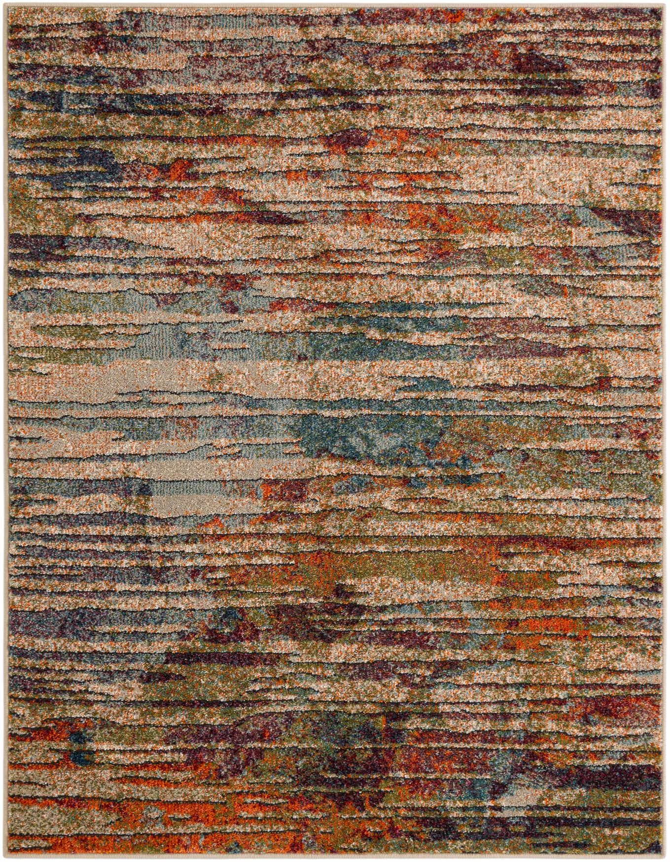 A 4x6 multi-colored rectangular area rug with an abstract, textured pattern featuring shades of orange, blue, green, and beige.