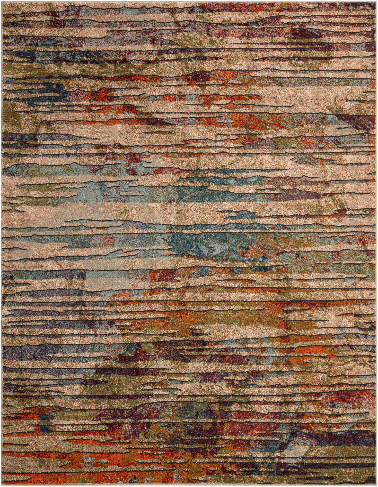 A rectangular 8x10 multi-colored area rug featuring an abstract, textured stripe pattern in shades of orange, blue, green, and beige.