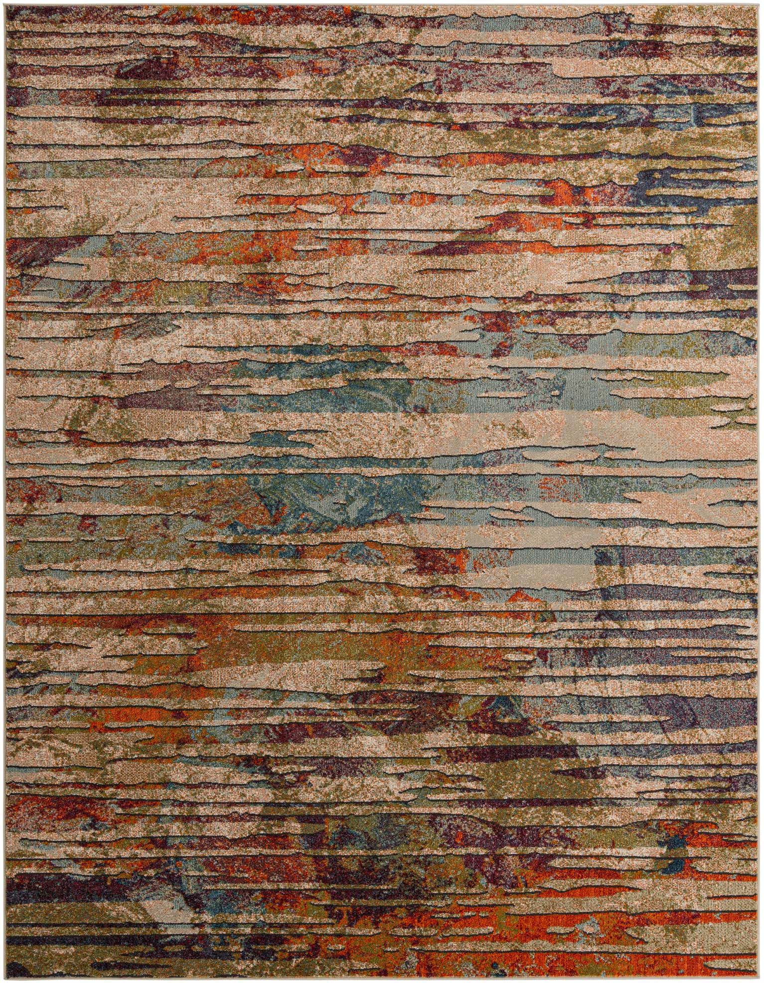 A 9x12 rectangular multi-colored area rug with an abstract, textured stripe pattern in shades of orange, blue, green, and beige.