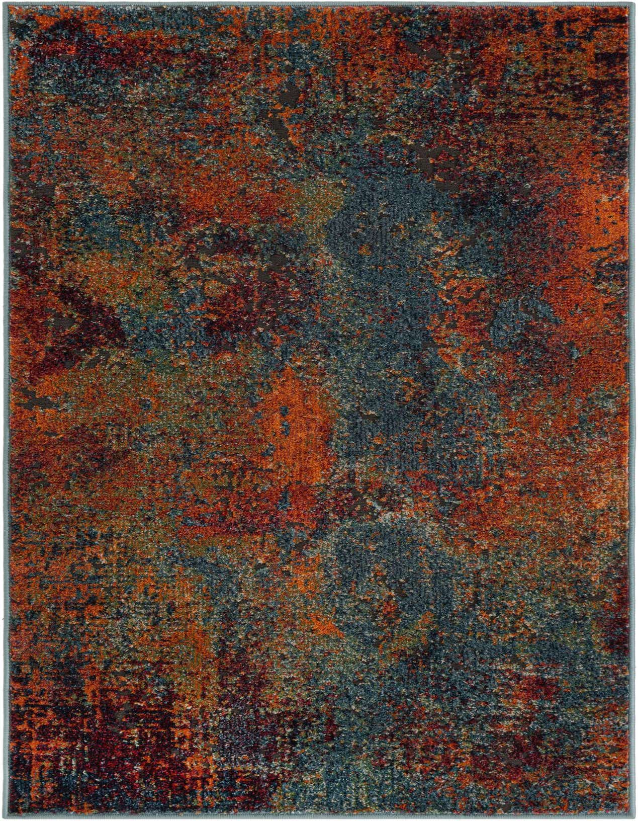 A 3x5 rectangular multi-colored rug with an abstract, distressed pattern in shades of orange, blue, and brown.