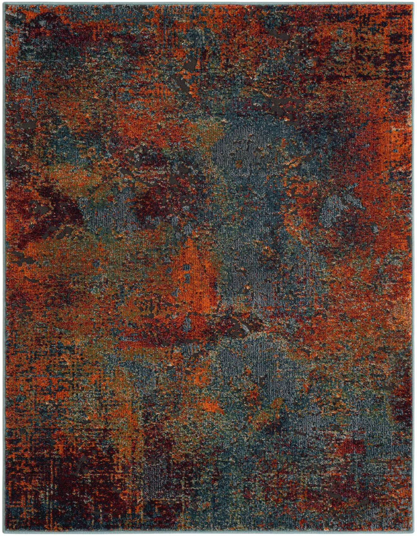 A 4x6 rectangular multi-colored rug with an abstract, distressed pattern in shades of orange, blue, and brown.