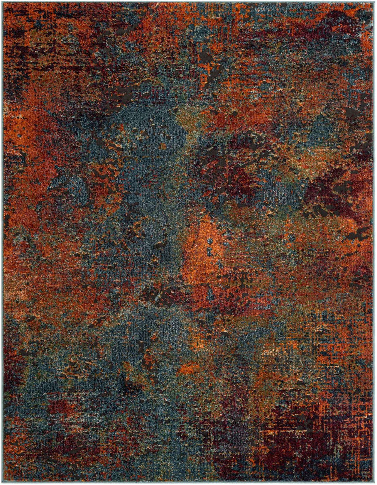 A 5x8 rectangular multi-colored area rug with an abstract, distressed pattern in shades of rust, orange, blue, and dark grey.
