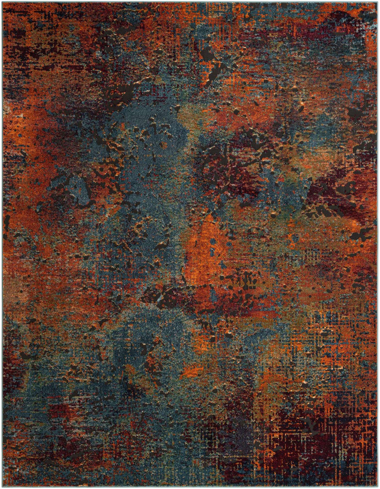 A 9x12 rectangular multi-colored area rug with an abstract, distressed pattern in shades of rust, orange, teal, and dark blue.