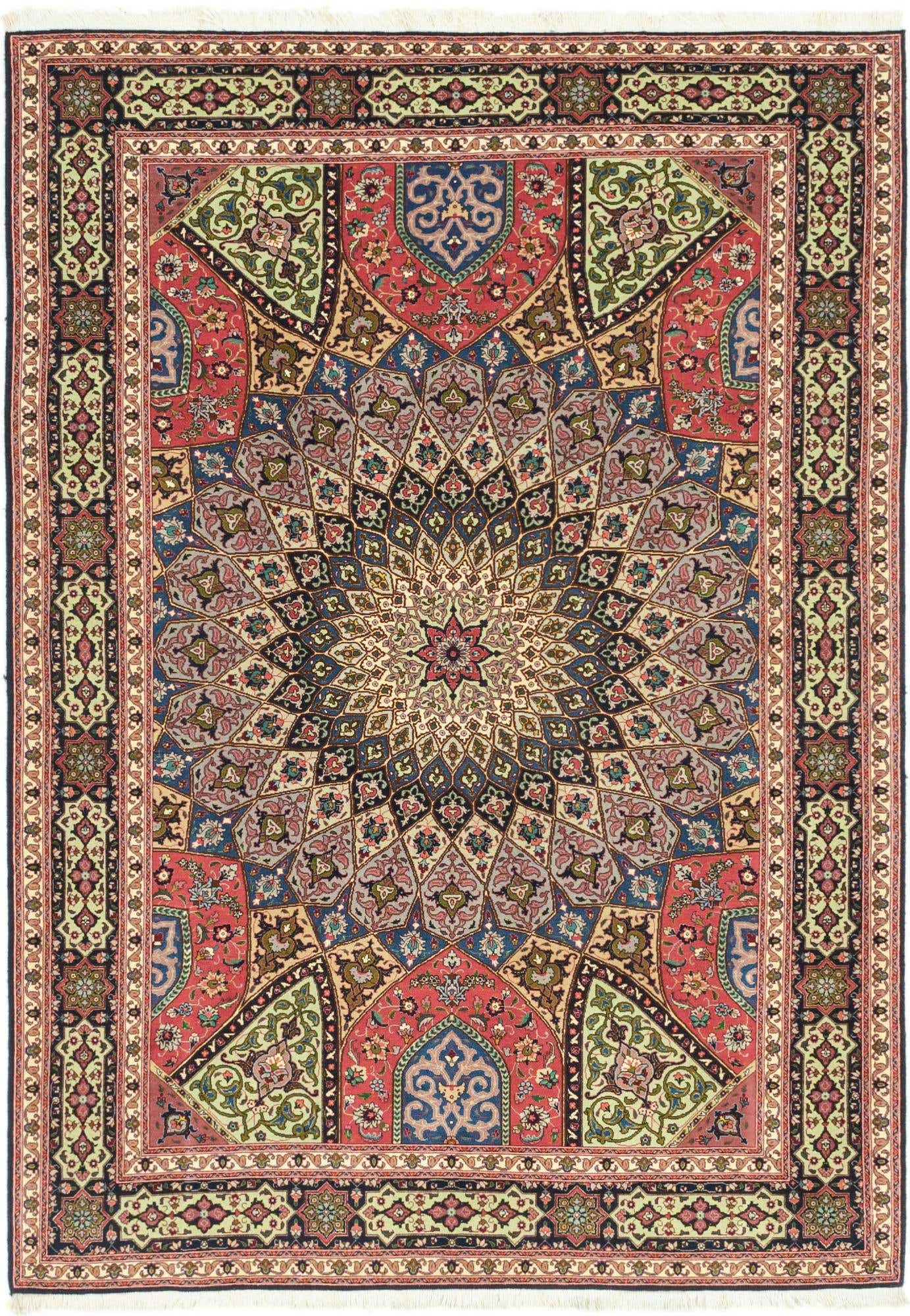 A 5x8 rectangular multi-colored Persian Tabriz rug with a central medallion and intricate floral patterns.