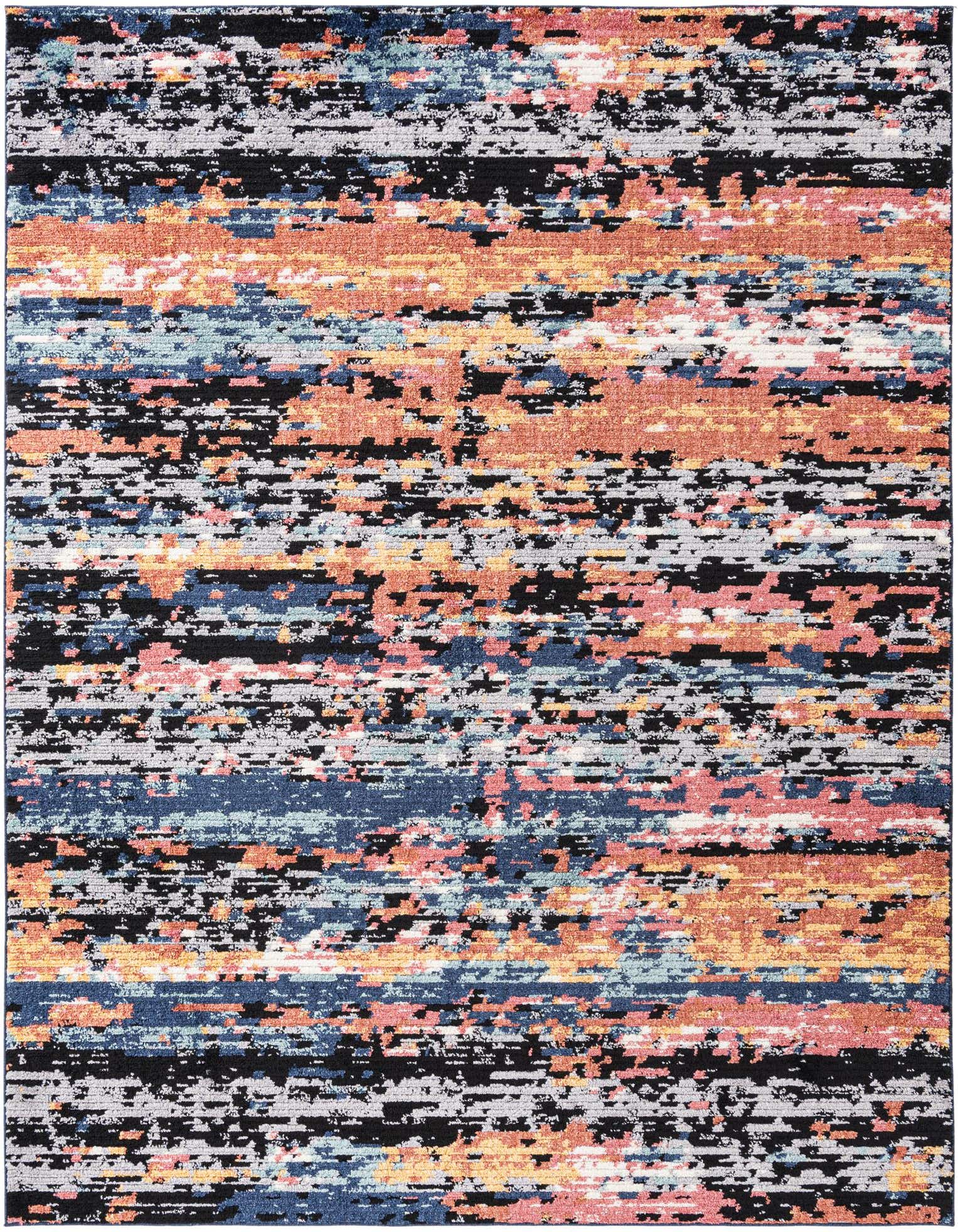 A 9x12 multi-colored modern rectangular rug featuring an abstract stripe pattern in black, orange, blue, pink, and white.