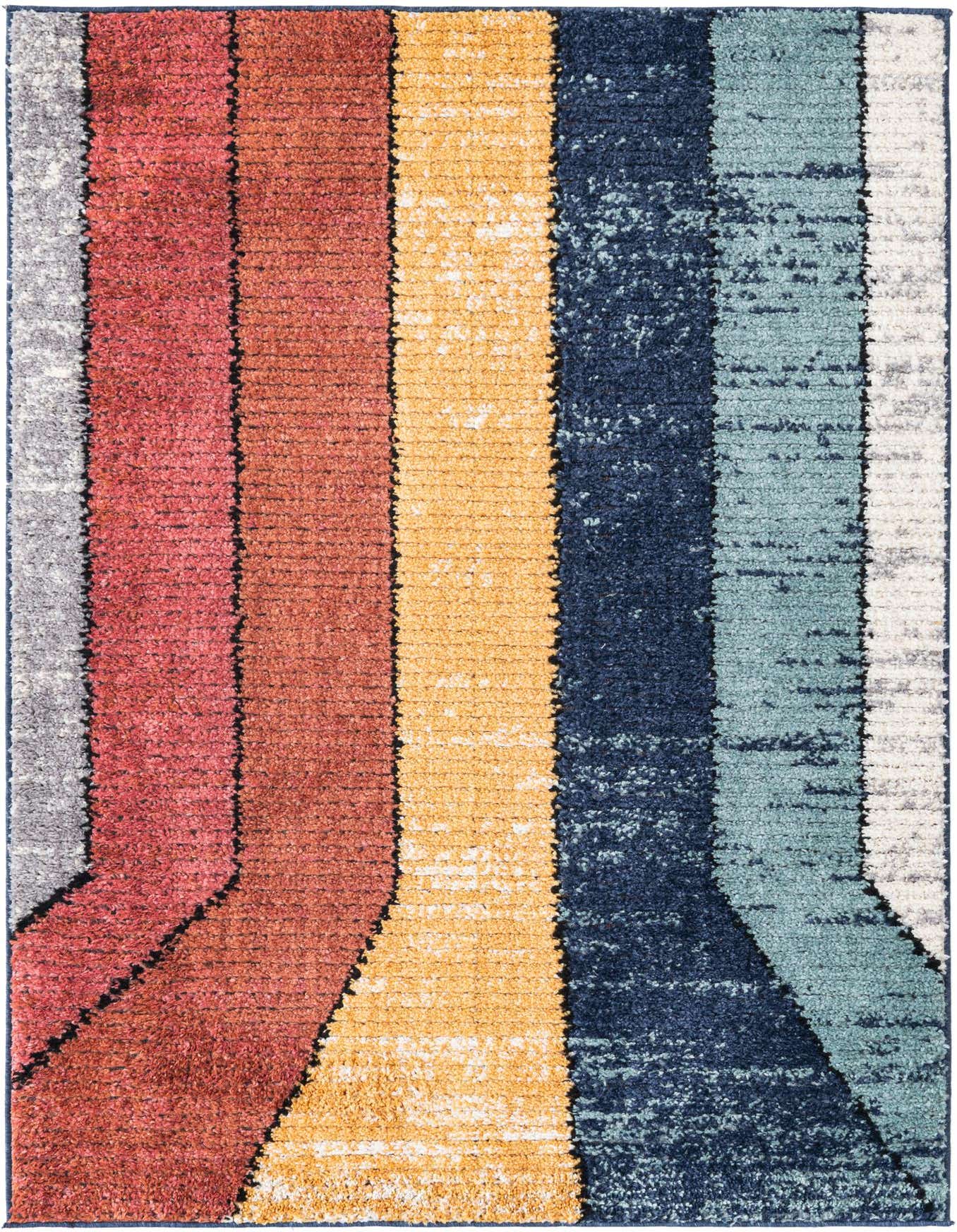A 4x6 multi-colored modern rectangular rug with textured stripes in shades of gray, red, orange, navy, and teal.
