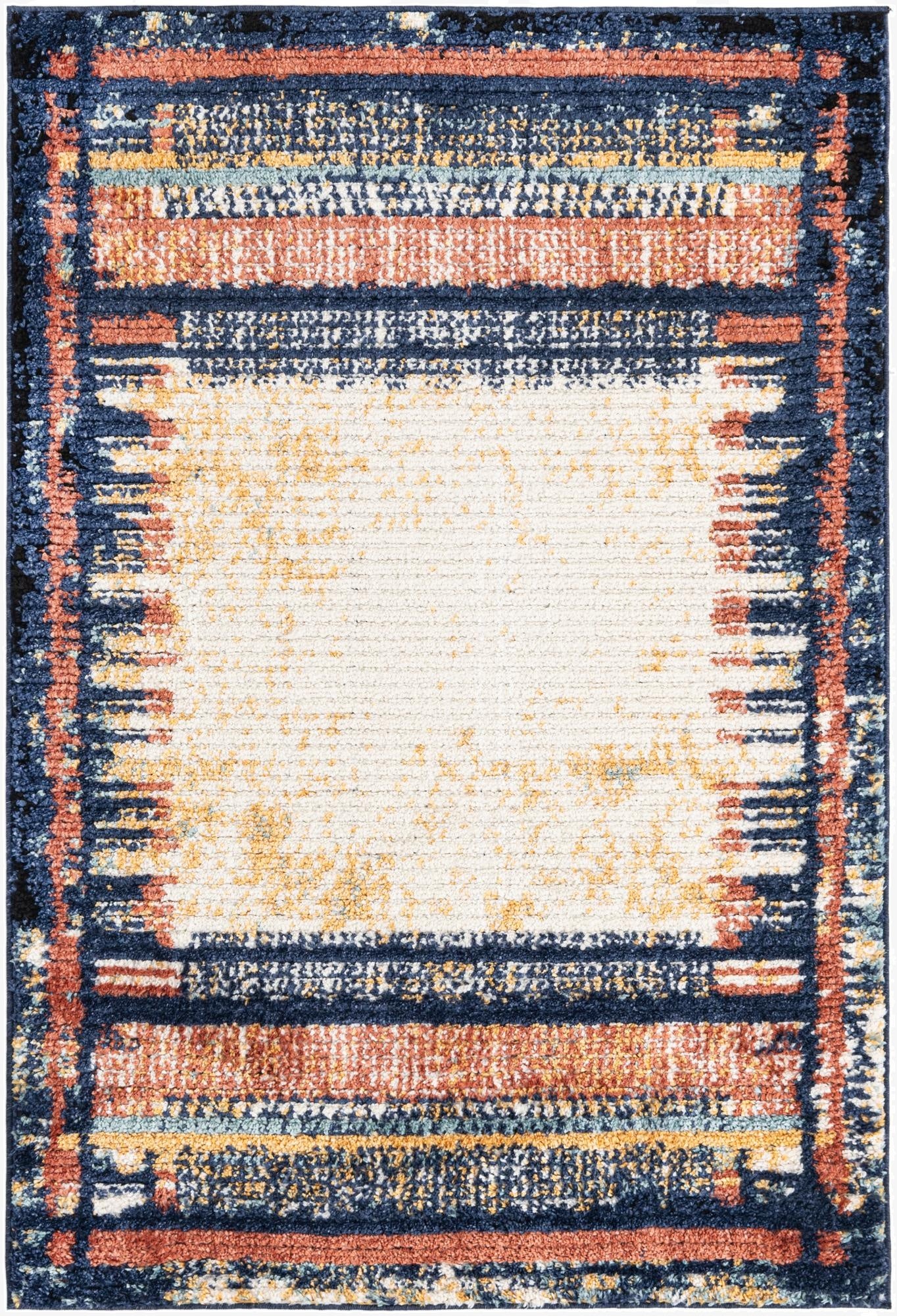 A 4x6 multi-colored rectangular rug with a modern abstract pattern, featuring a cream center bordered by textured stripes of navy, rust, and gold.