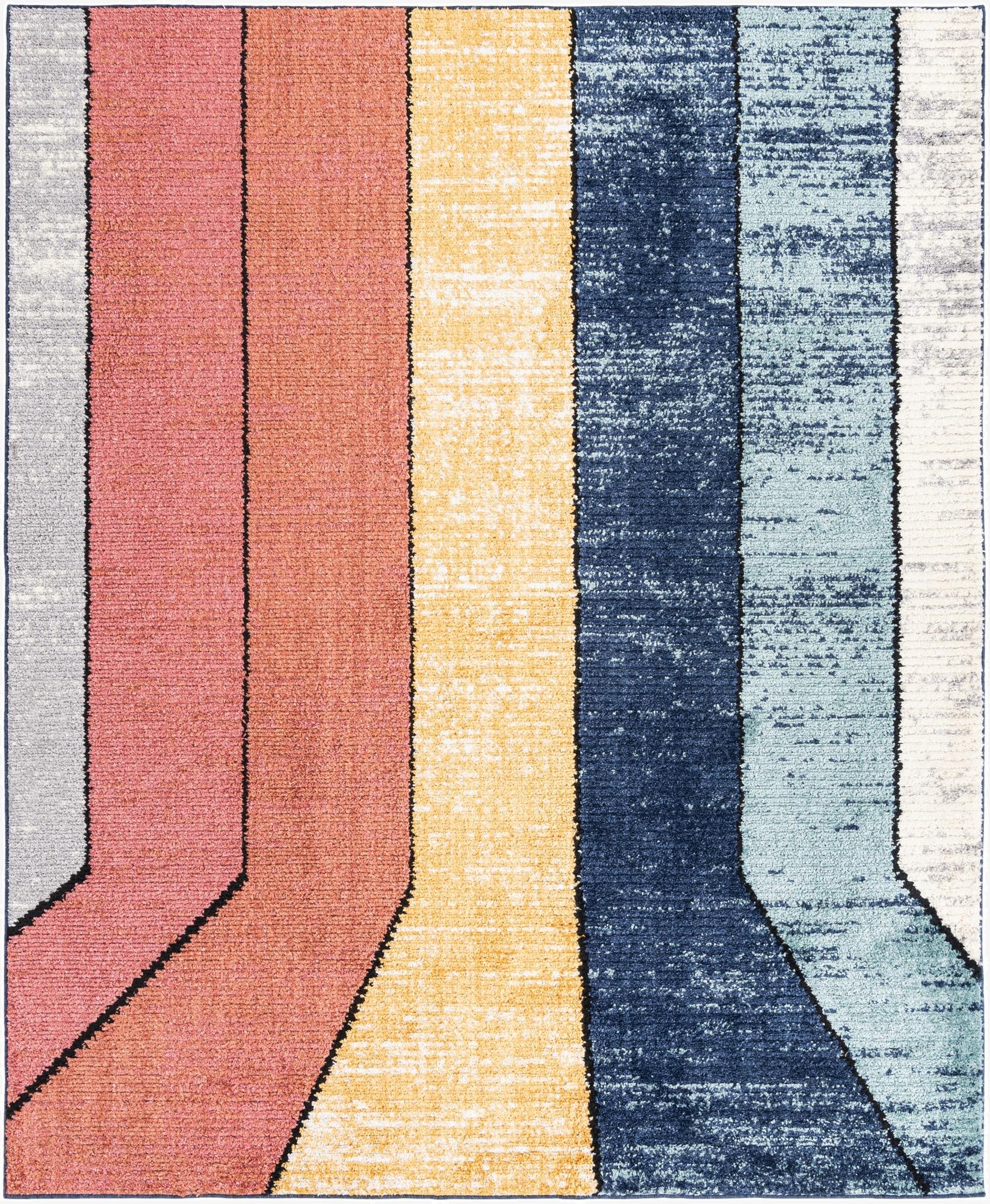 A rectangular 8x10 modern rug with bold multi-colored stripes in coral, yellow, navy, light blue, and grey, featuring a textured pile.