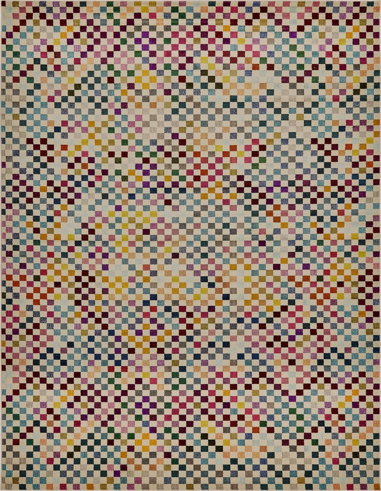 A rectangular multi-colored rug with a vibrant pixelated checkerboard pattern, perfect for a modern living room or bedroom.