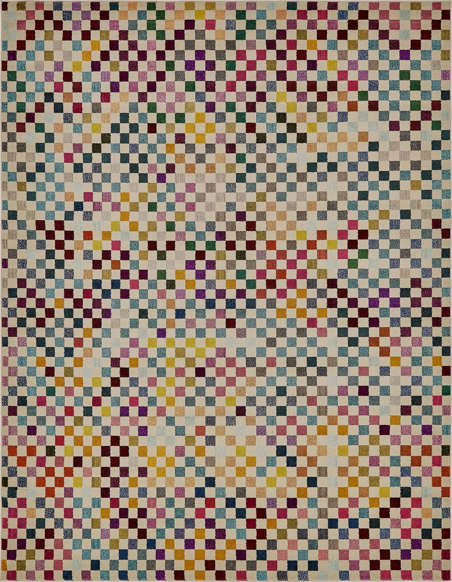 A 9x12 rectangular Theia rug featuring a vibrant multi-colored checkerboard pattern on a light background, suitable for a living room.