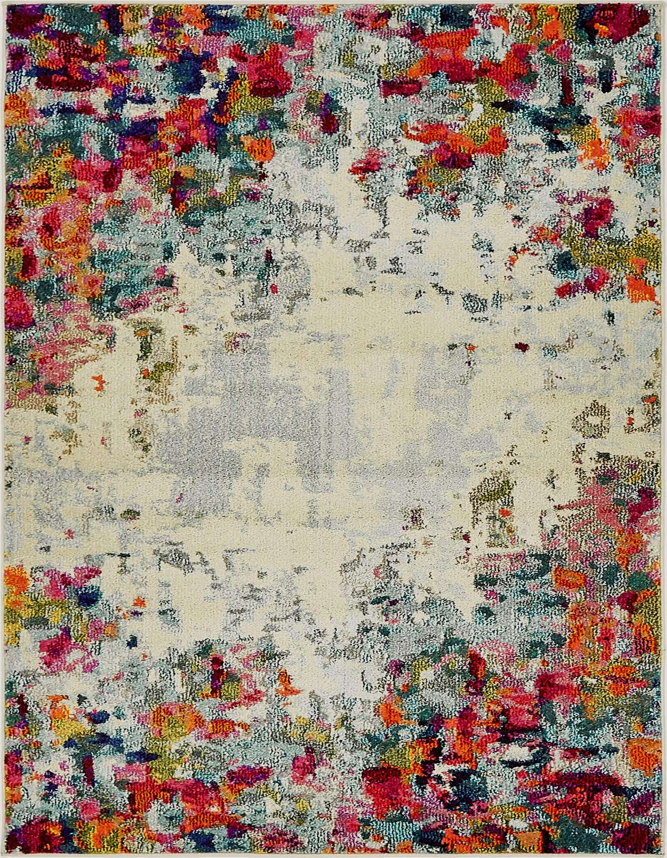 A 4x6 multi-colored rectangular rug with a transitional floral pattern featuring vibrant pinks, oranges, blues, and yellows on a light background.