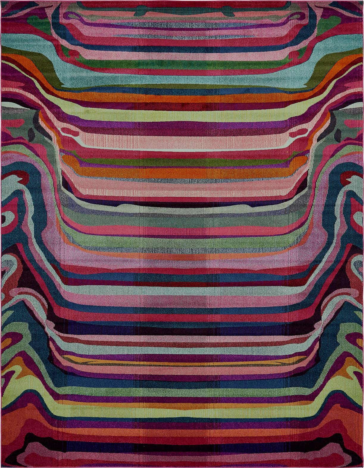 A rectangular multi-colored rug with a modern stripe pattern, featuring vibrant horizontal bands and wavy borders, perfect for a living room.