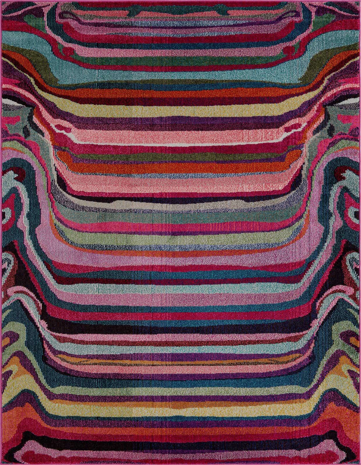 A 5x8 rectangular multi-colored rug with wavy horizontal stripes in shades of pink, blue, green, and orange, perfect for a modern living room.