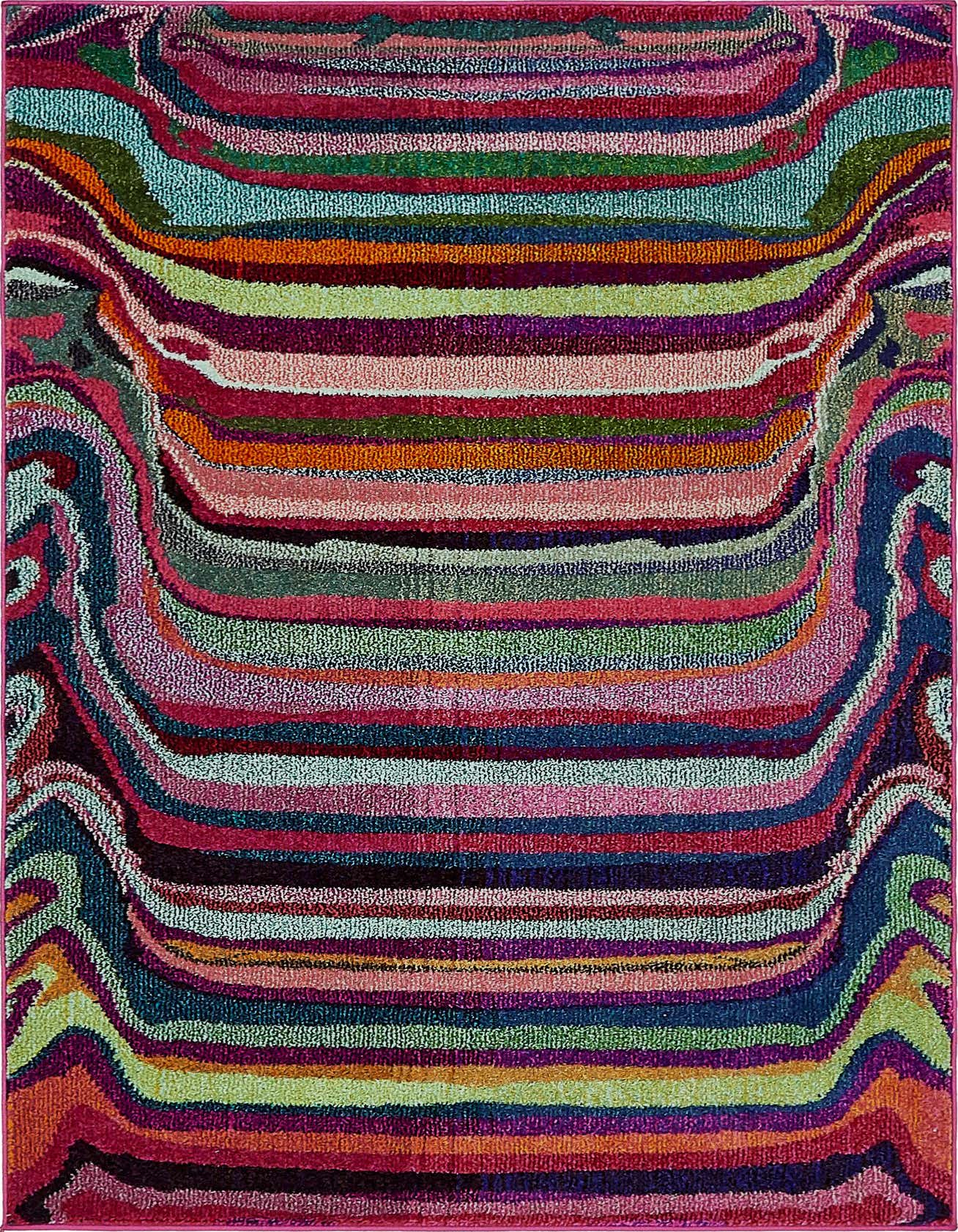 A 4x6 rectangular Theia rug featuring a vibrant, multi-colored wavy stripe pattern in shades of pink, orange, blue, green, and purple.