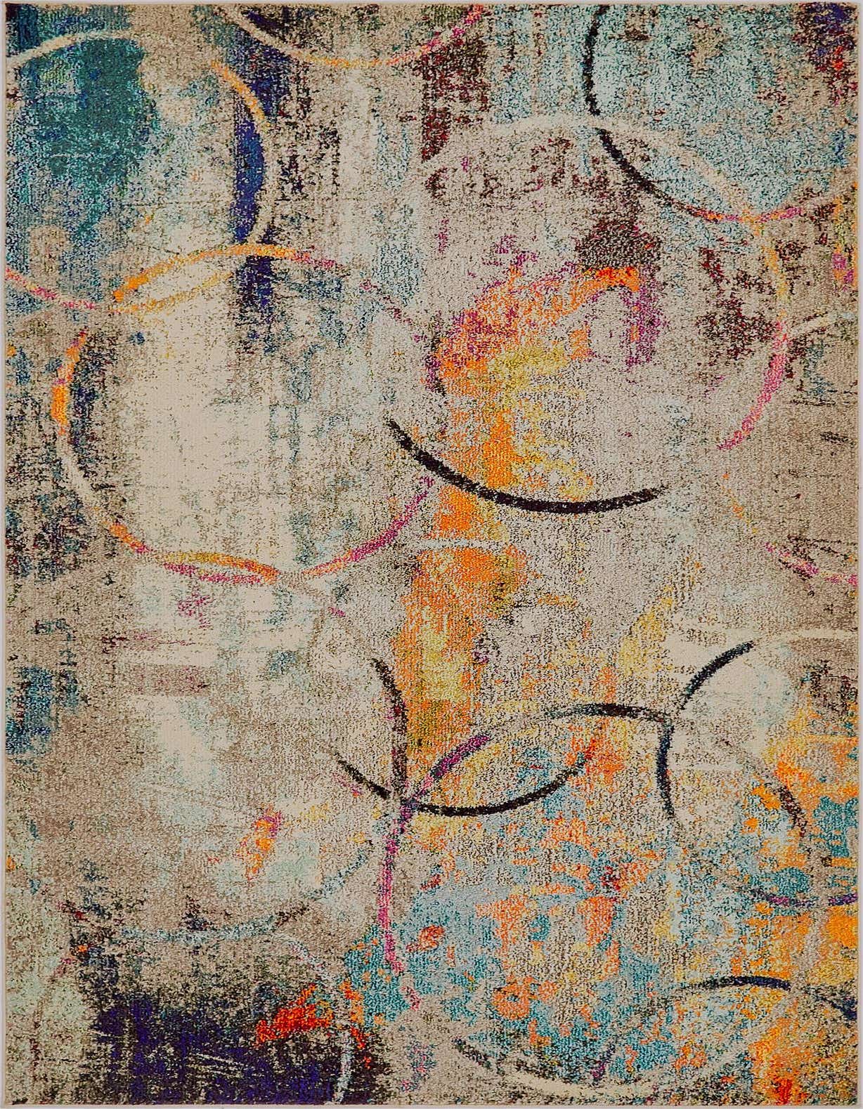 A 5x8 rectangular Theia collection rug featuring an abstract, multi-colored pattern with teal, orange, pink, and purple circles on a distressed beige background.