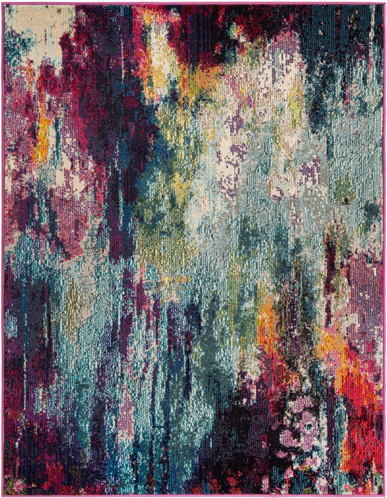 A 4x6 rectangular multi-colored abstract rug with vibrant hues of teal, magenta, orange, and yellow, ideal for a modern living space.