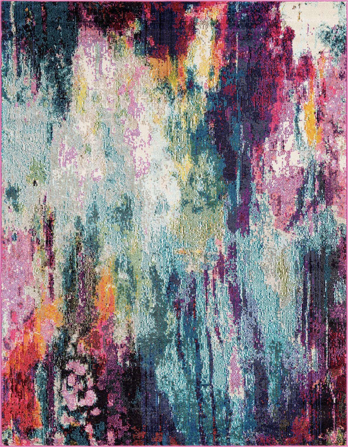 A vibrant 5x8 multi-colored abstract area rug with splashes of pink, blue, yellow, and purple, perfect for a modern living space.