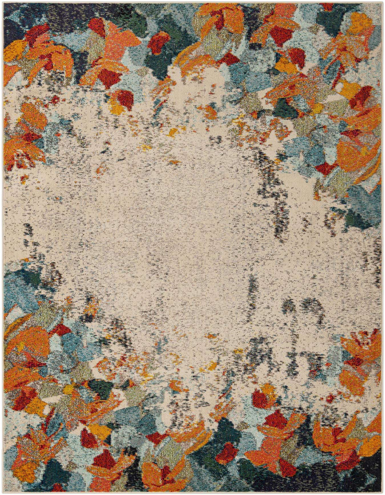 A 7x10 rectangular multi-colored rug with an abstract floral border in orange, red, and blue surrounding a light beige center.