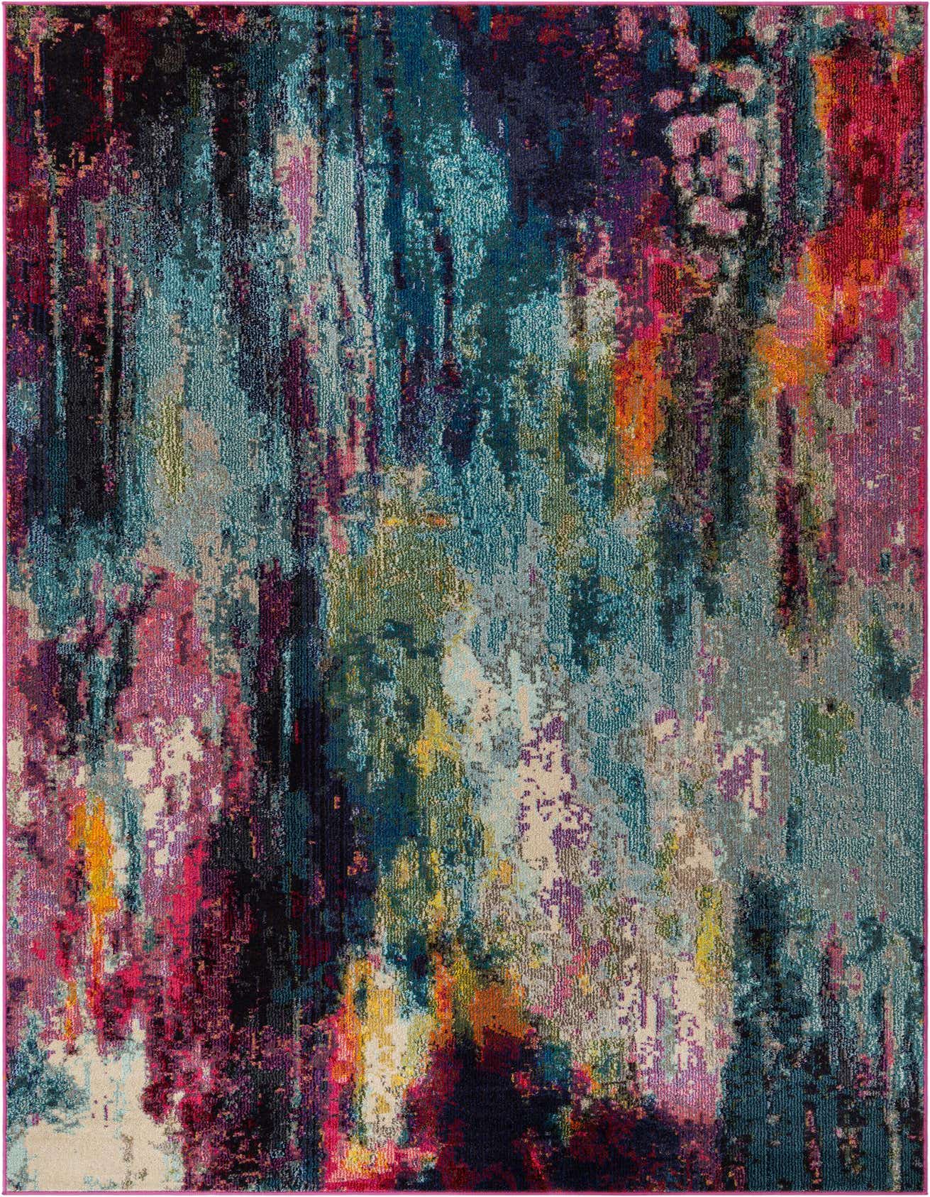 A vibrant 8x11 rectangular modern abstract rug featuring a dynamic blend of multi-colored hues like teal, pink, orange, purple, and black.