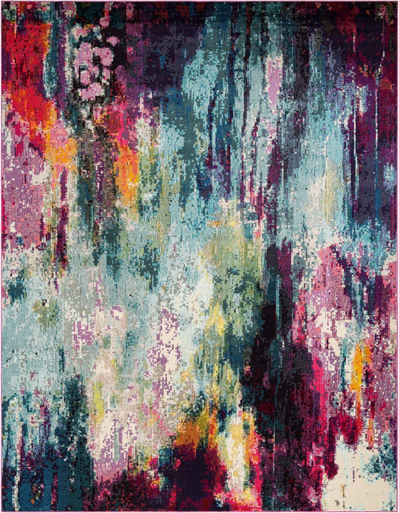 A vibrant 10x14 rectangular multi-colored abstract rug with splashes of blue, pink, purple, and orange, suitable for a modern living space.