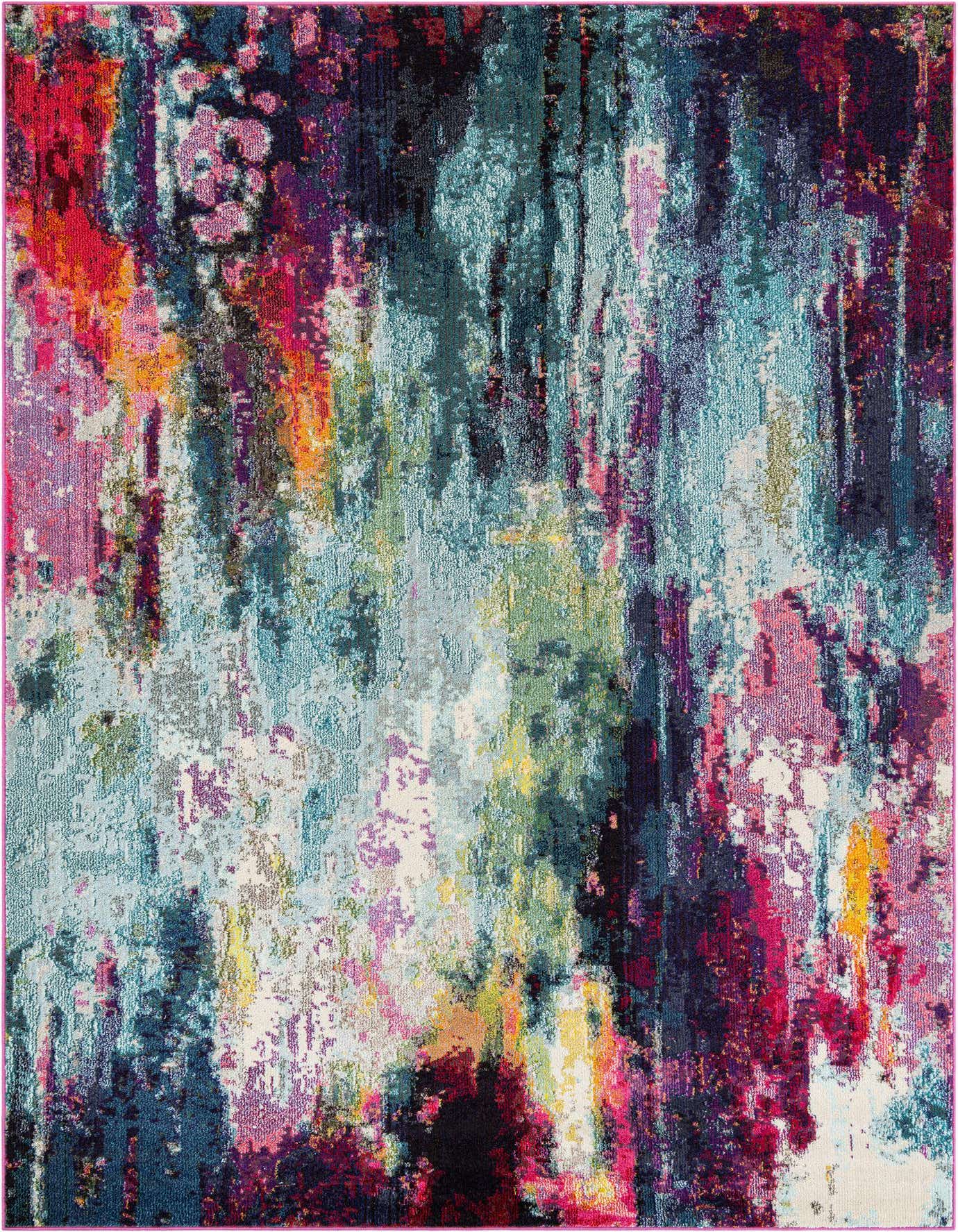 A vibrant 7x10 rectangular modern rug featuring an abstract, multi-colored design with splashes of red, blue, pink, purple, and yellow.