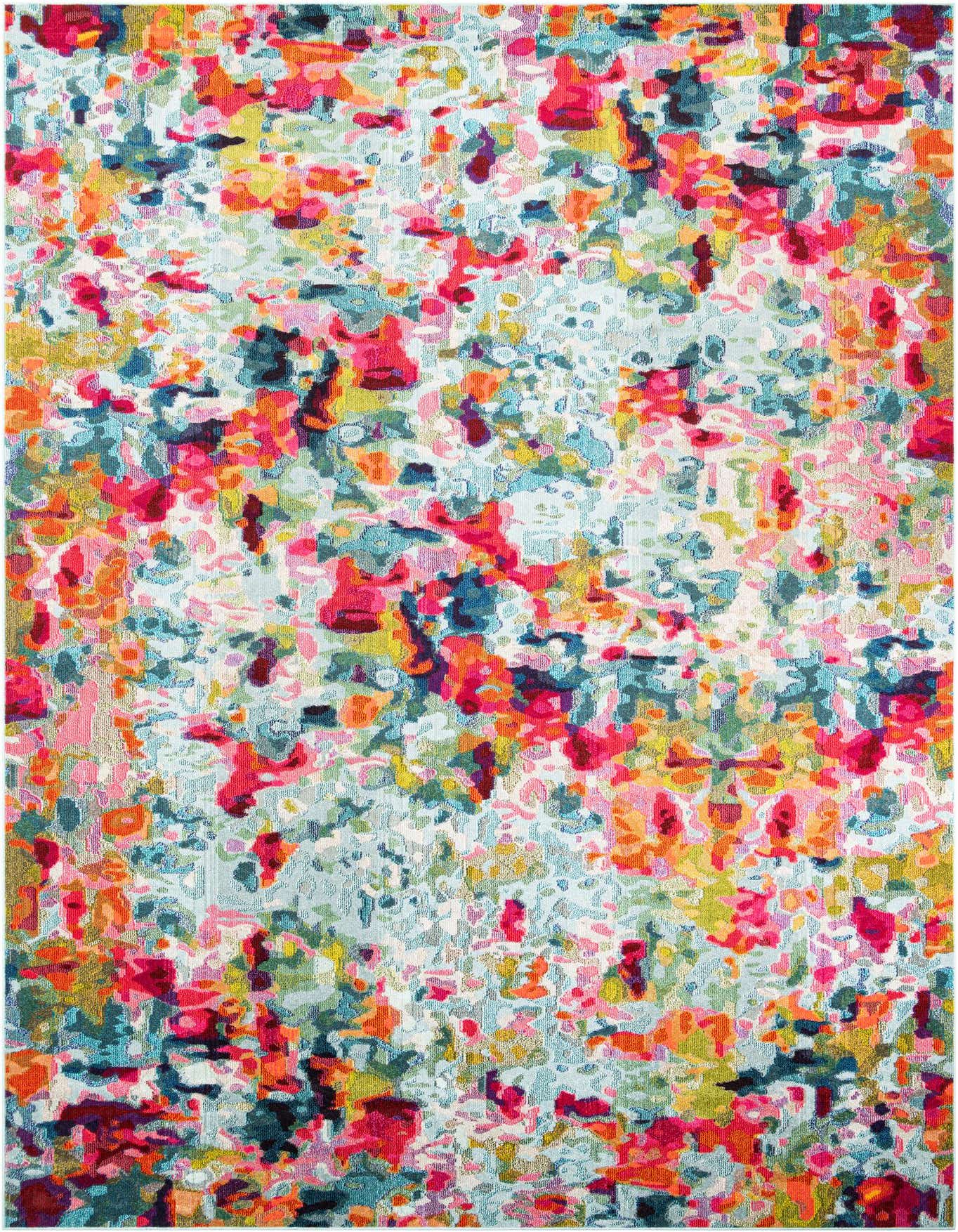A 10x14 rectangular multi-colored rug with an abstract floral pattern, featuring vibrant pinks, oranges, blues, and yellows on a light background.