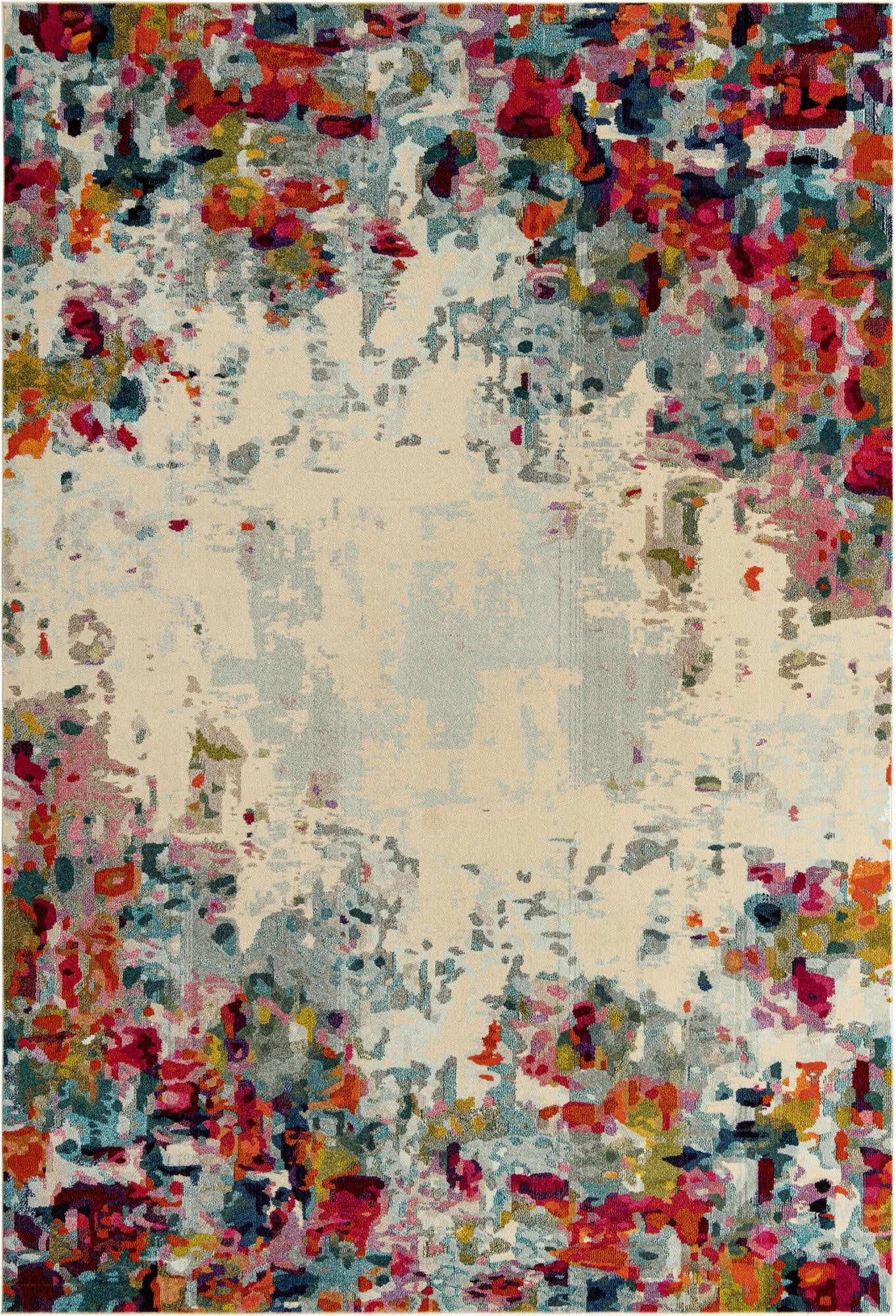 A 10x14 rectangular multi-colored transitional rug with an abstract floral pattern on a light background.