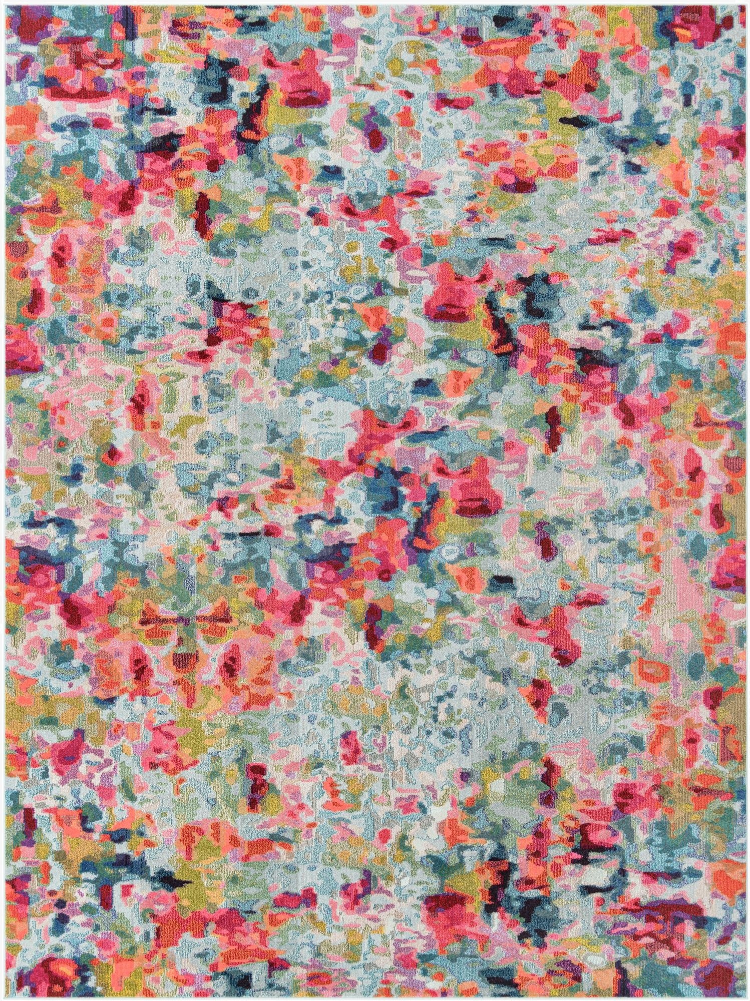 A vibrant 8x11 multi-colored rectangular area rug with an abstract floral pattern, featuring shades of pink, blue, green, and yellow.