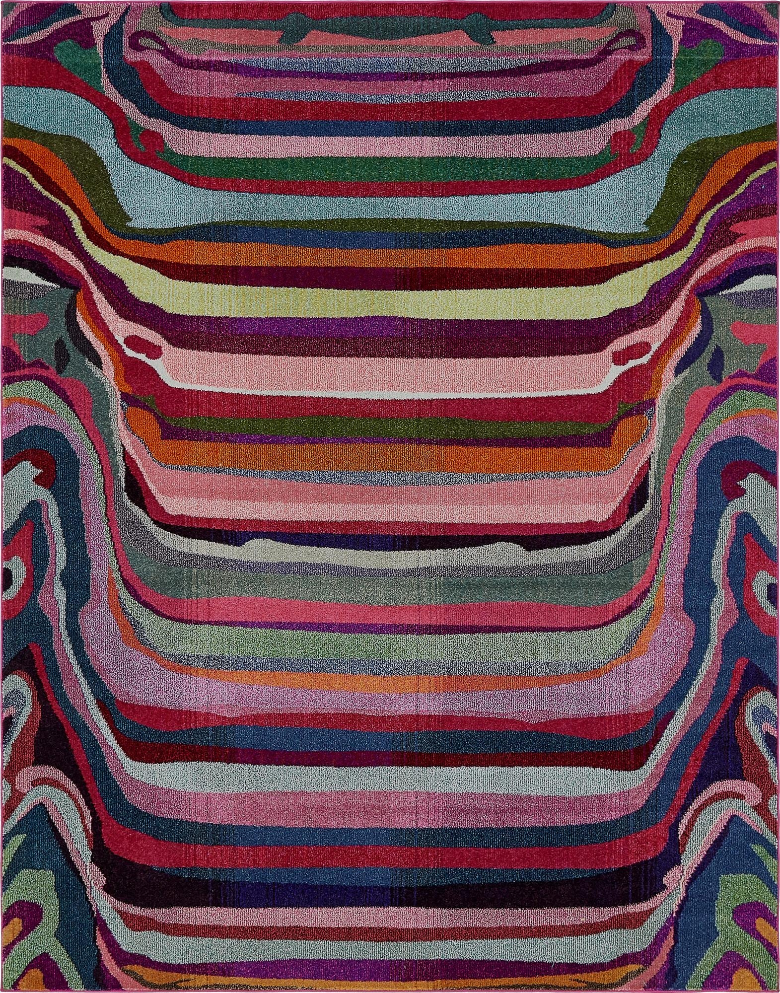 A vibrant 8x10 rectangular rug featuring a multi-colored striped pattern with wavy, organic edges, suitable for a modern living room.