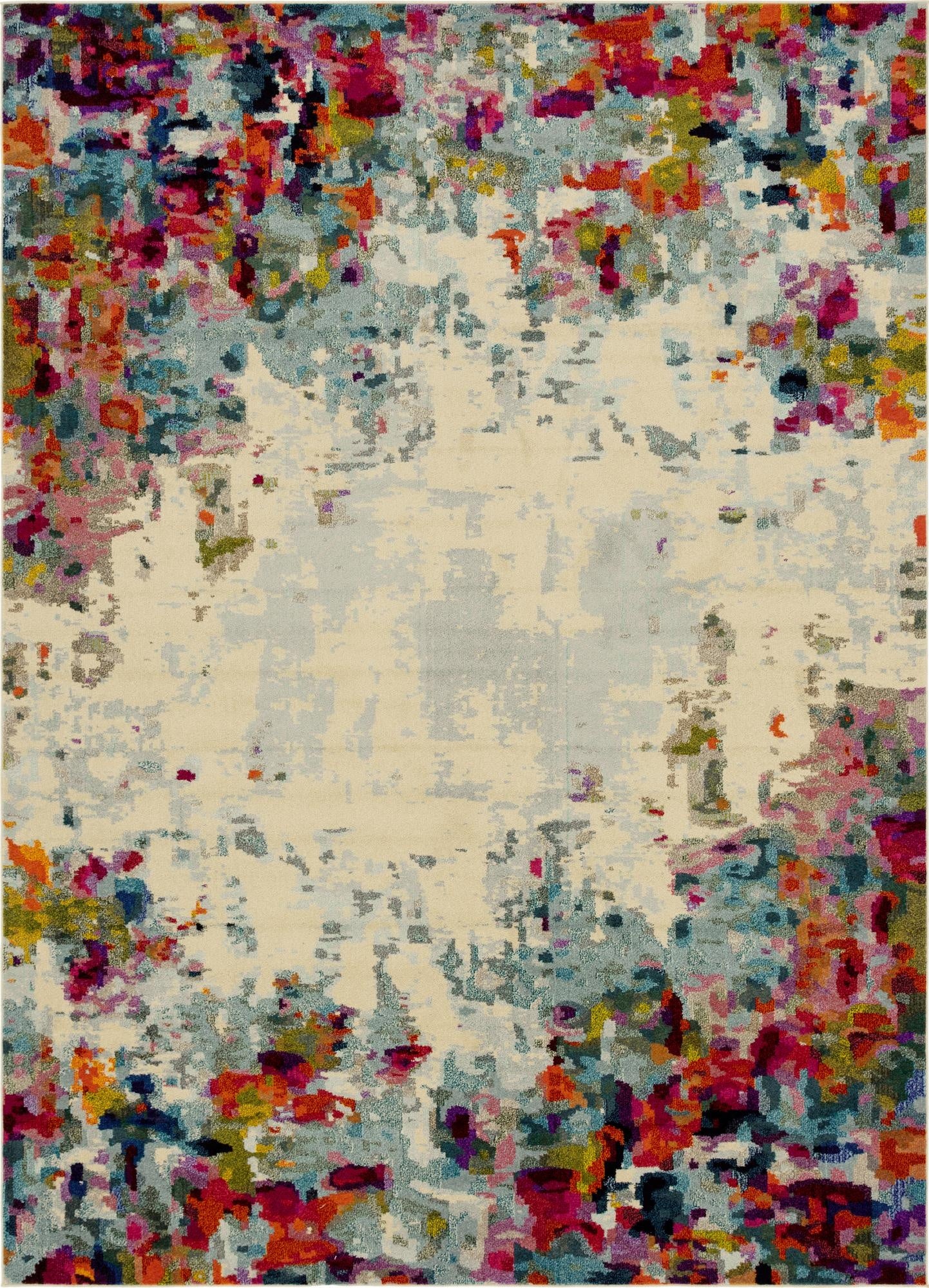 A 10x13 rectangular multi-colored rug with an abstract floral pattern, featuring vibrant reds, blues, yellows, and greens on a light background, suitable for a living room.