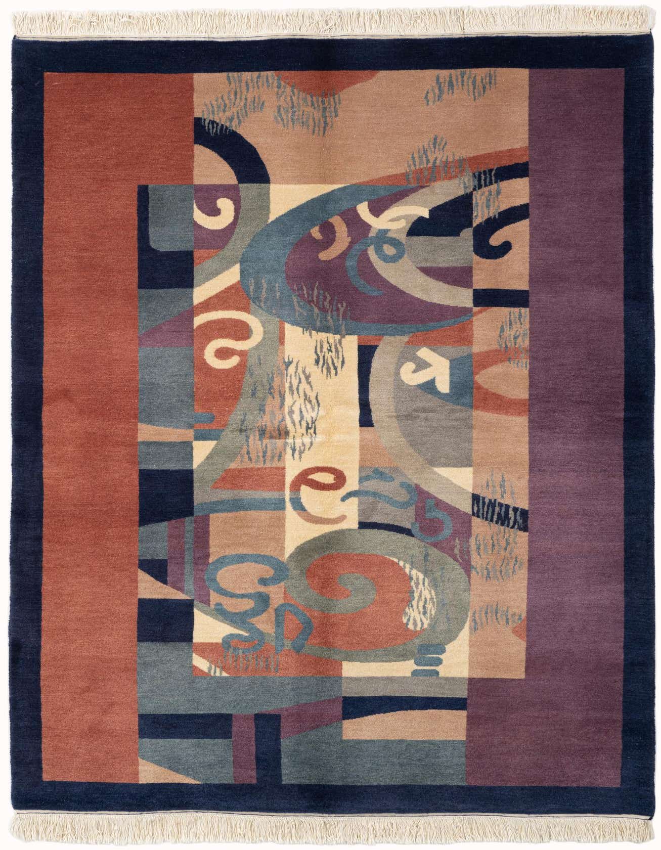 A 5x8 rectangular multi-colored wool rug with a modern abstract design and a dark border, suitable for a living room.