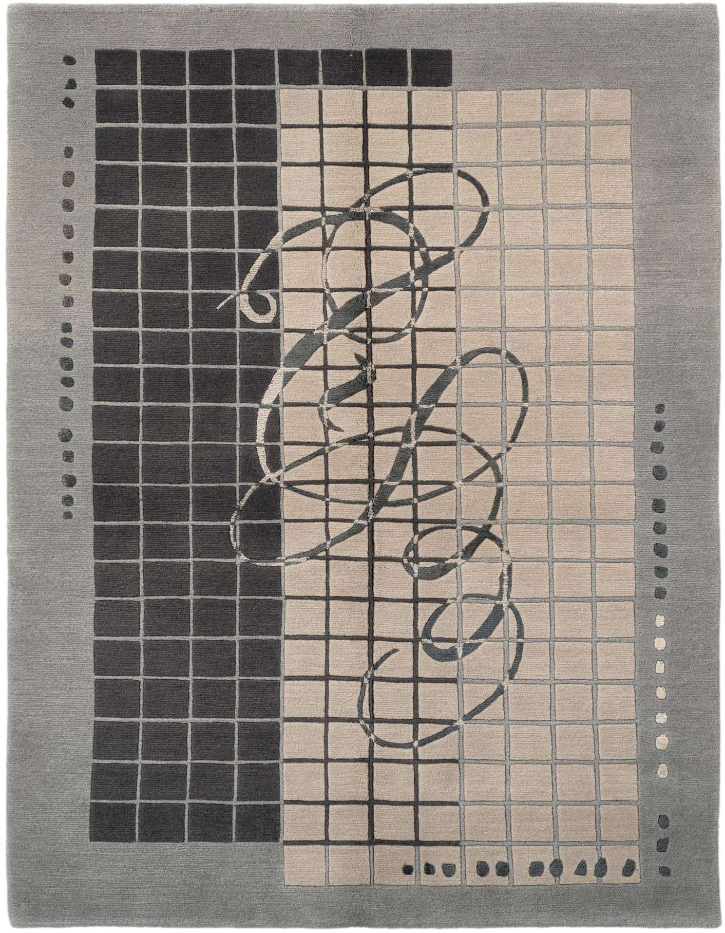 A 5x7 rectangular modern rug featuring a multi-colored abstract design with a grid pattern and swirling lines.