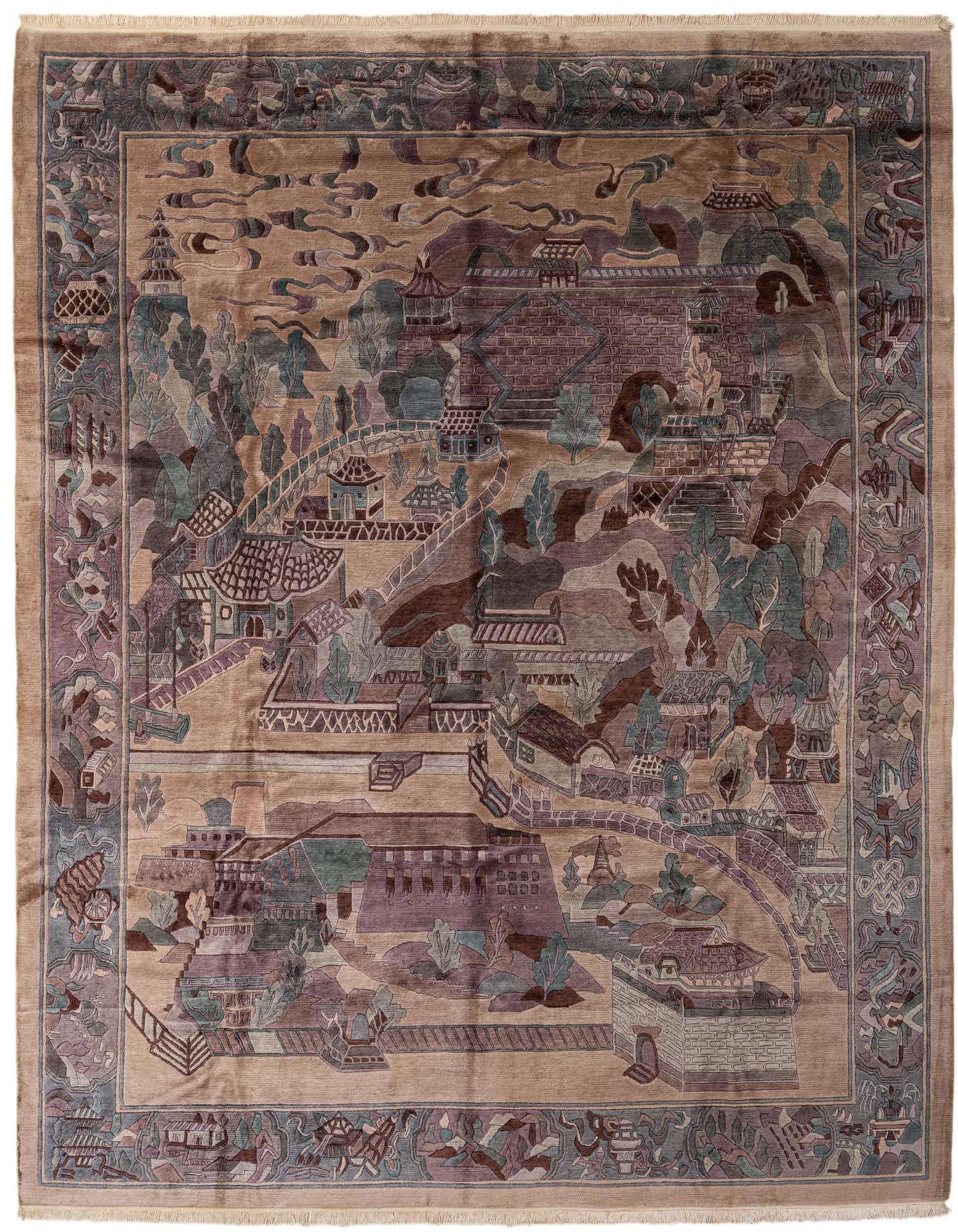 A 10x13 multi-colored rectangular wool rug featuring a detailed modern Oriental village landscape design with a decorative border.