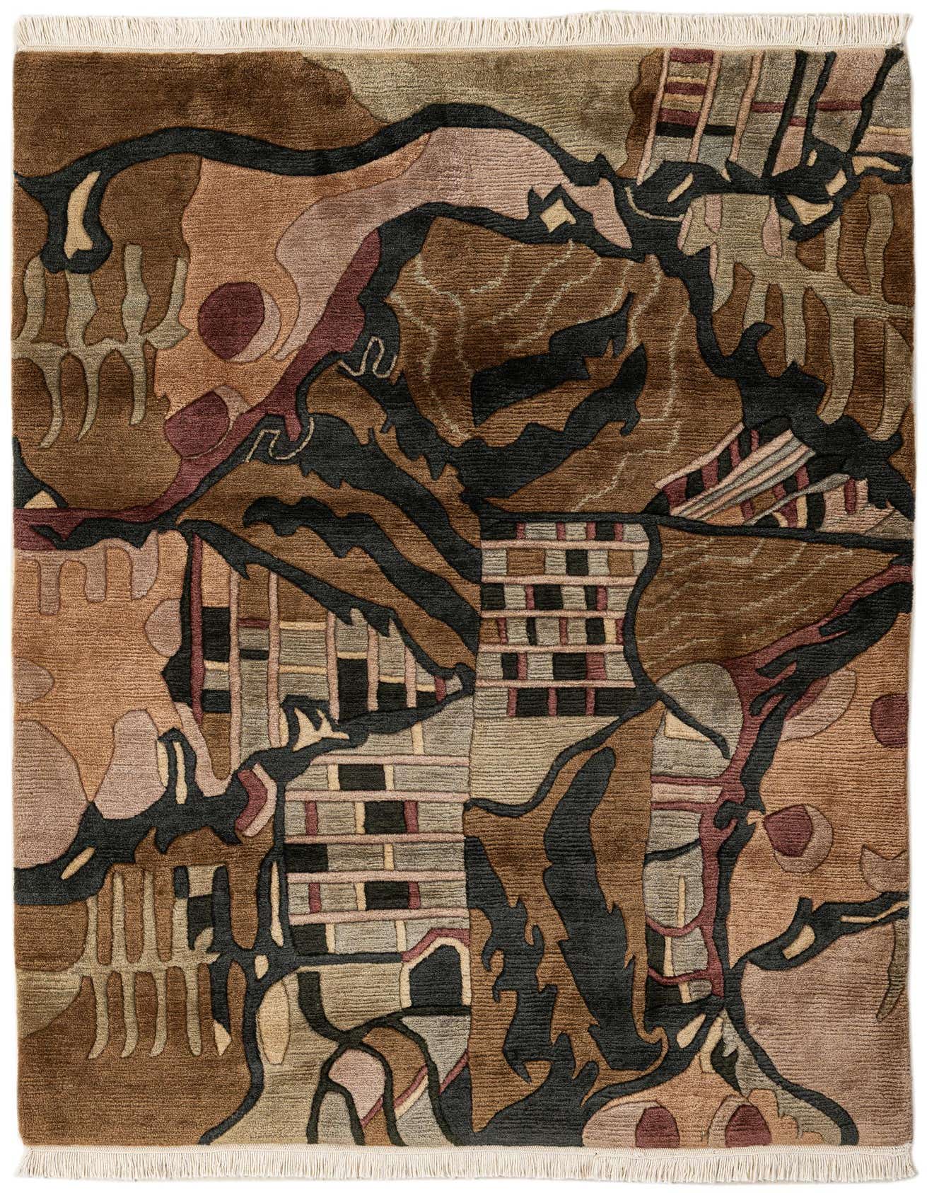 A 4x6 rectangular multi-colored wool rug with an abstract modern pattern in shades of brown, black, and muted pastels.