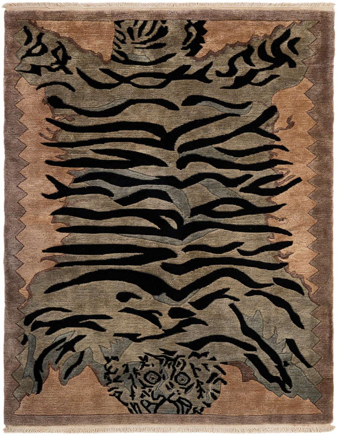 A 4x6 rectangular multi-colored wool rug featuring a modern tiger stripe pattern with black stripes on a beige and gray background, bordered by a textured brown edge.