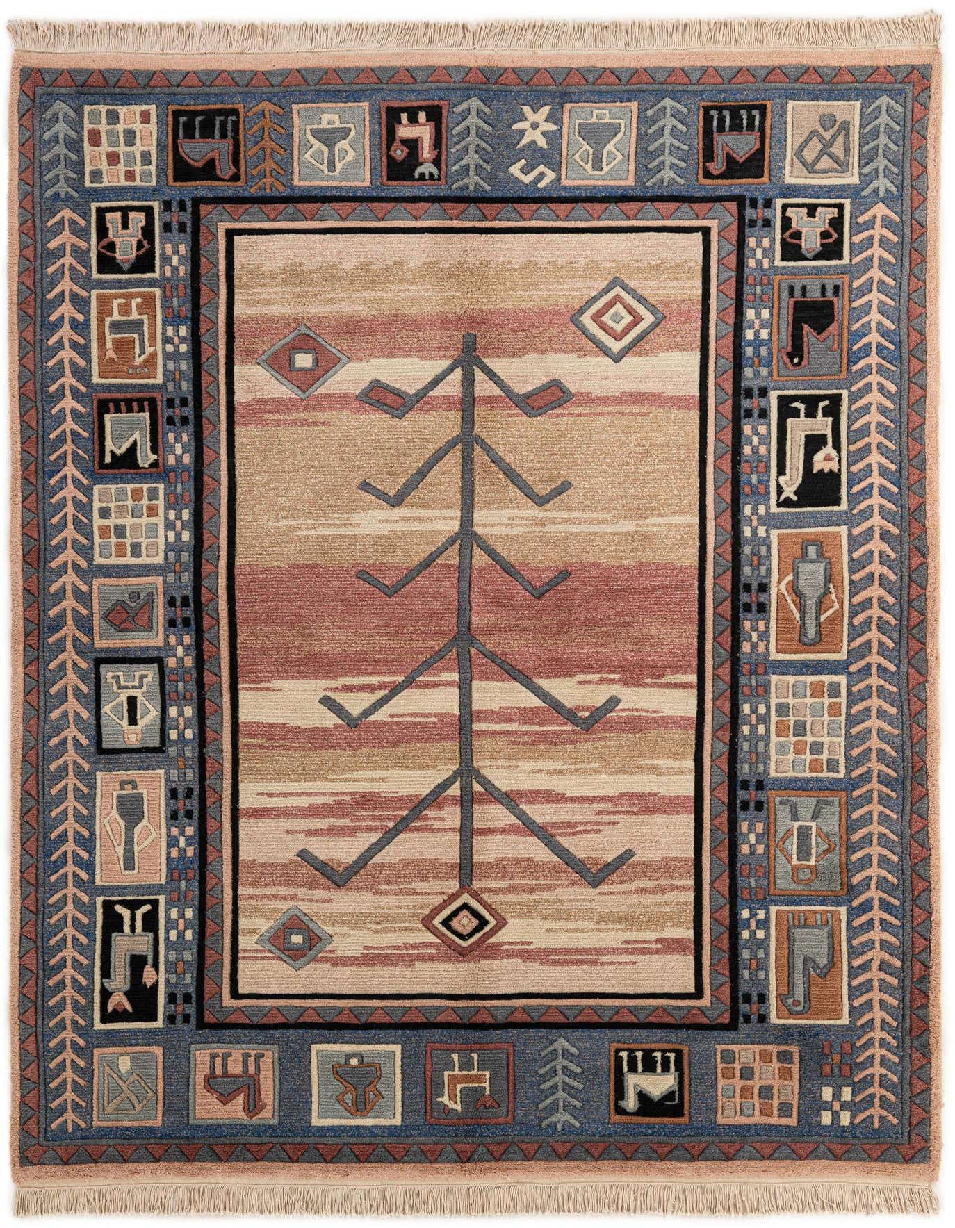 A 5x8 rectangular multi-colored wool rug with a modern Oriental pattern, featuring a central tree motif on a striped background, framed by a blue border with abstract tribal symbols.