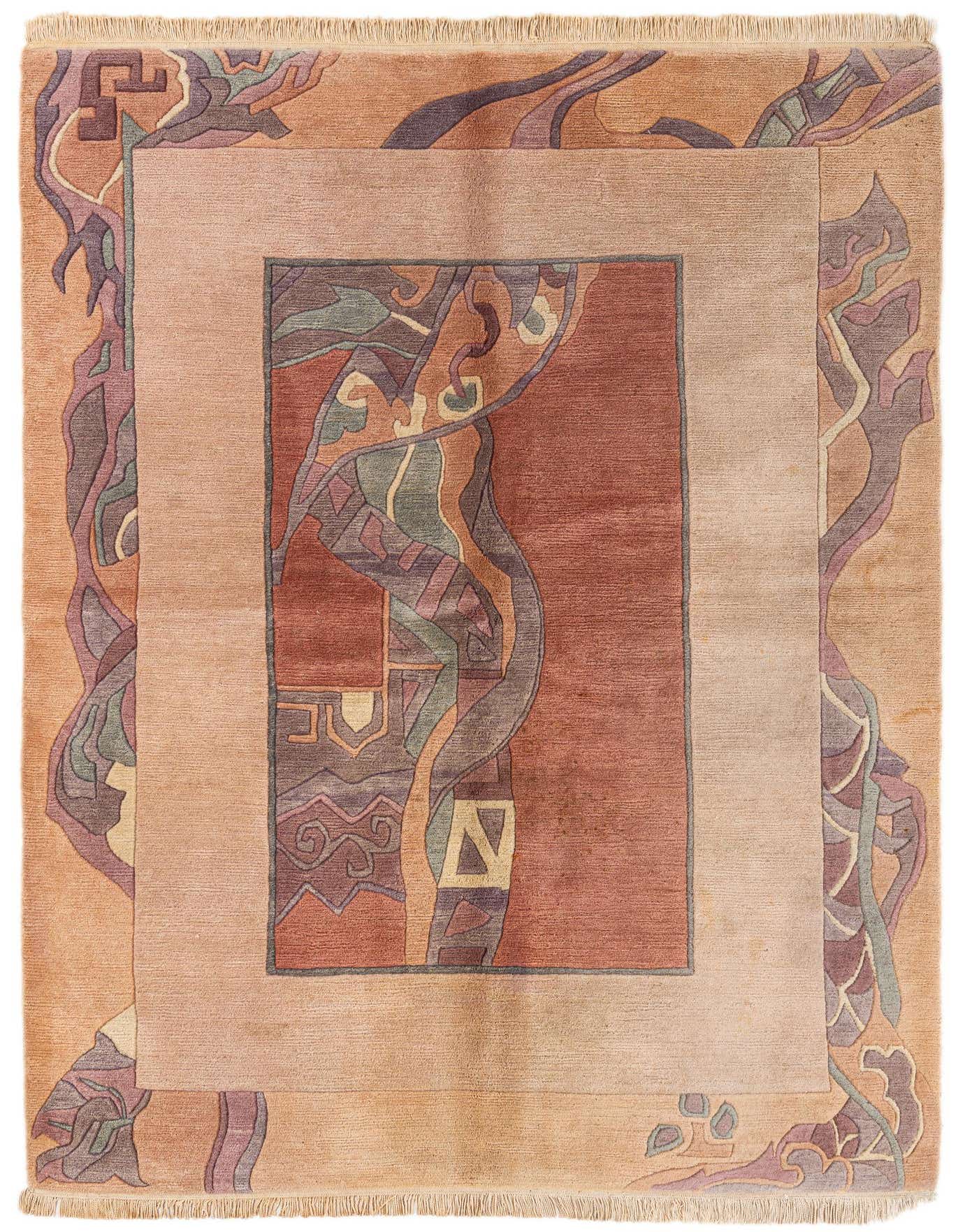 A 6x9 rectangular multi-colored wool rug with a modern abstract design, featuring a central panel in deep red and an outer border with flowing organic shapes in various muted tones.