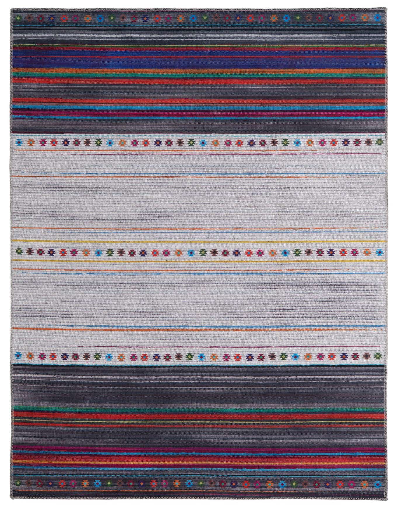 A 5x8 rectangular multi-colored modern chenille rug with horizontal stripes and abstract patterns, ideal for a living room.