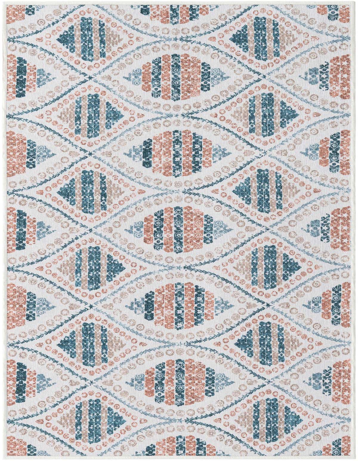 A 3x5 rectangular chenille rug featuring a modern abstract pattern in teal, terracotta, and beige on a white background.