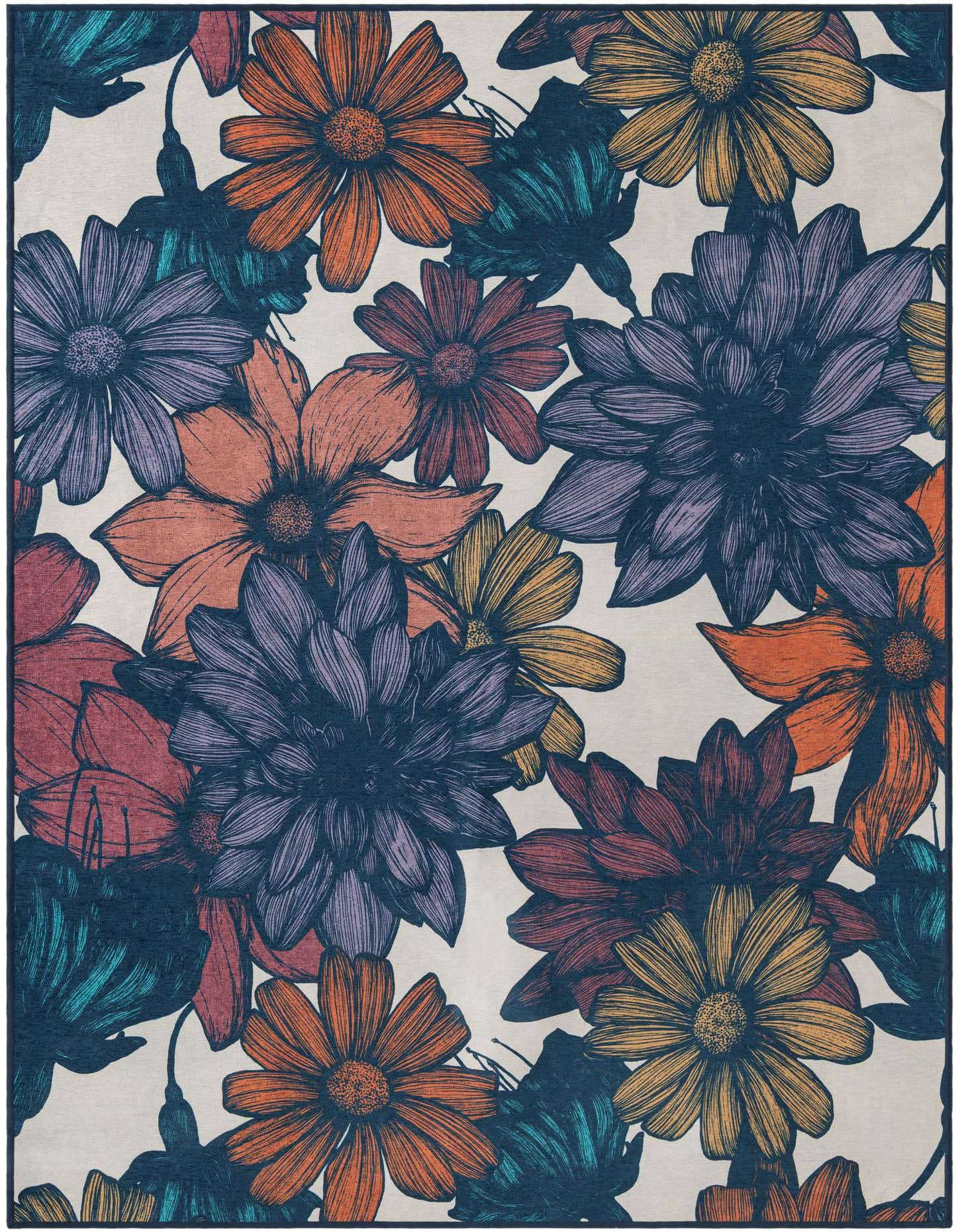 A 5x8 rectangular indoor rug featuring a vibrant, multi-colored modern floral pattern on a light background, ideal for a living room.