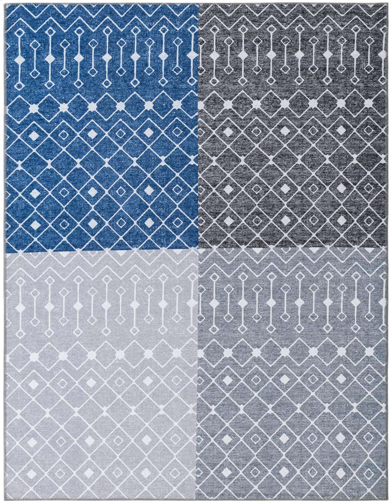 A 5x8 rectangular rug with a modern abstract pattern in blue, charcoal, and light gray, featuring diamond and vertical line motifs.