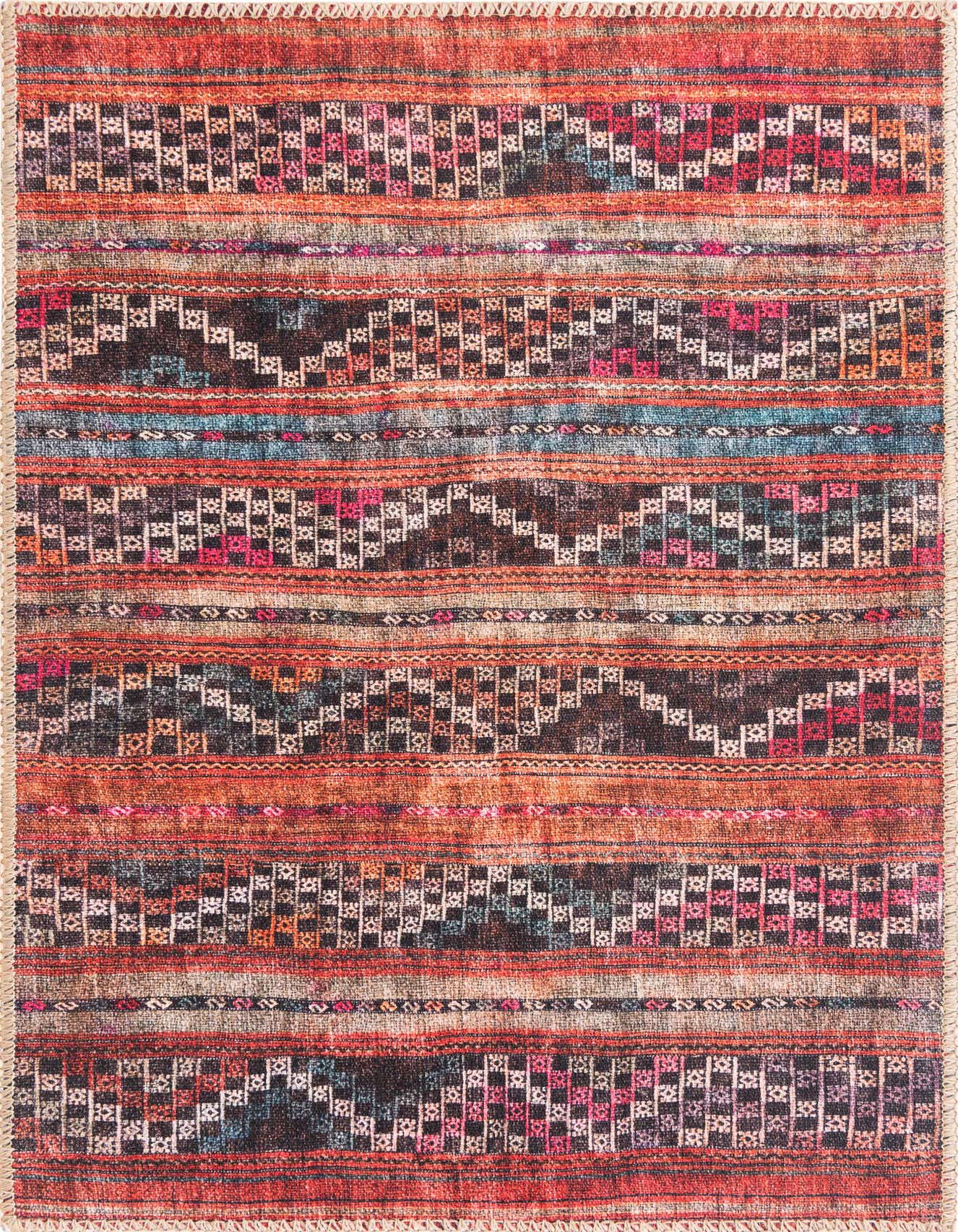 A 2x3 rectangular multi-colored Bohemian rug with tribal stripes and geometric patterns in shades of red, orange, blue, and pink.