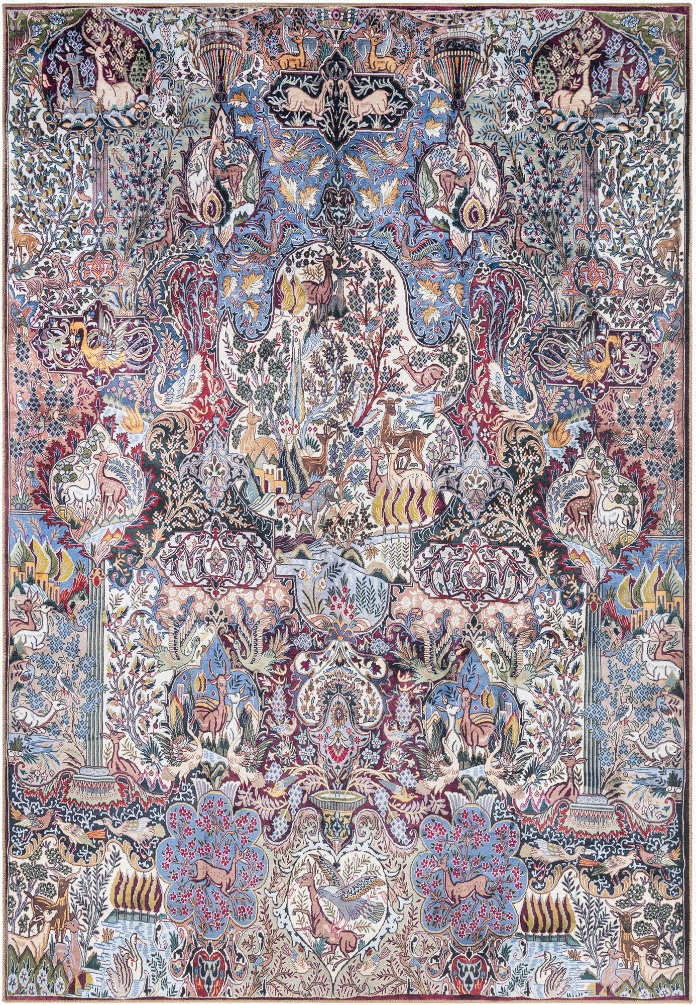 A vibrant 8x12 multi-colored traditional rectangular rug featuring an intricate Garden of Eden pattern with deer, birds, and lush foliage.