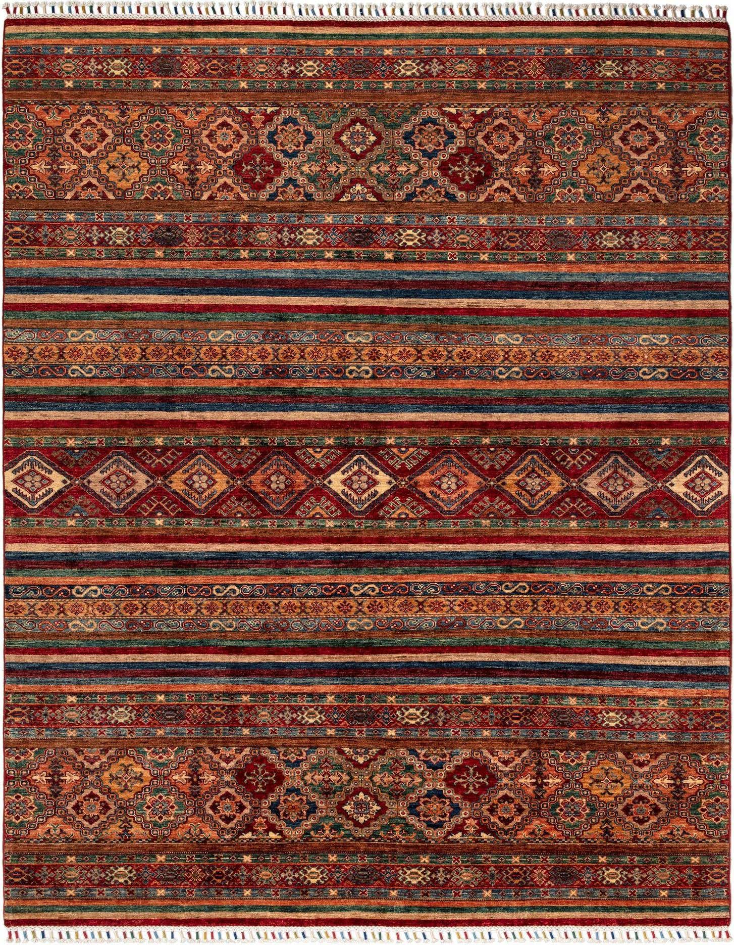 A 6x9 rectangular multi-colored wool rug with intricate traditional patterns and stripes, perfect for a living room.