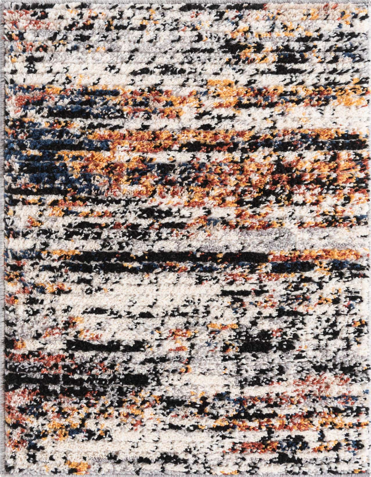 A 2x3 rectangular shag rug with a multi-colored Southwestern and modern stripe pattern, featuring white, black, orange, and blue hues.