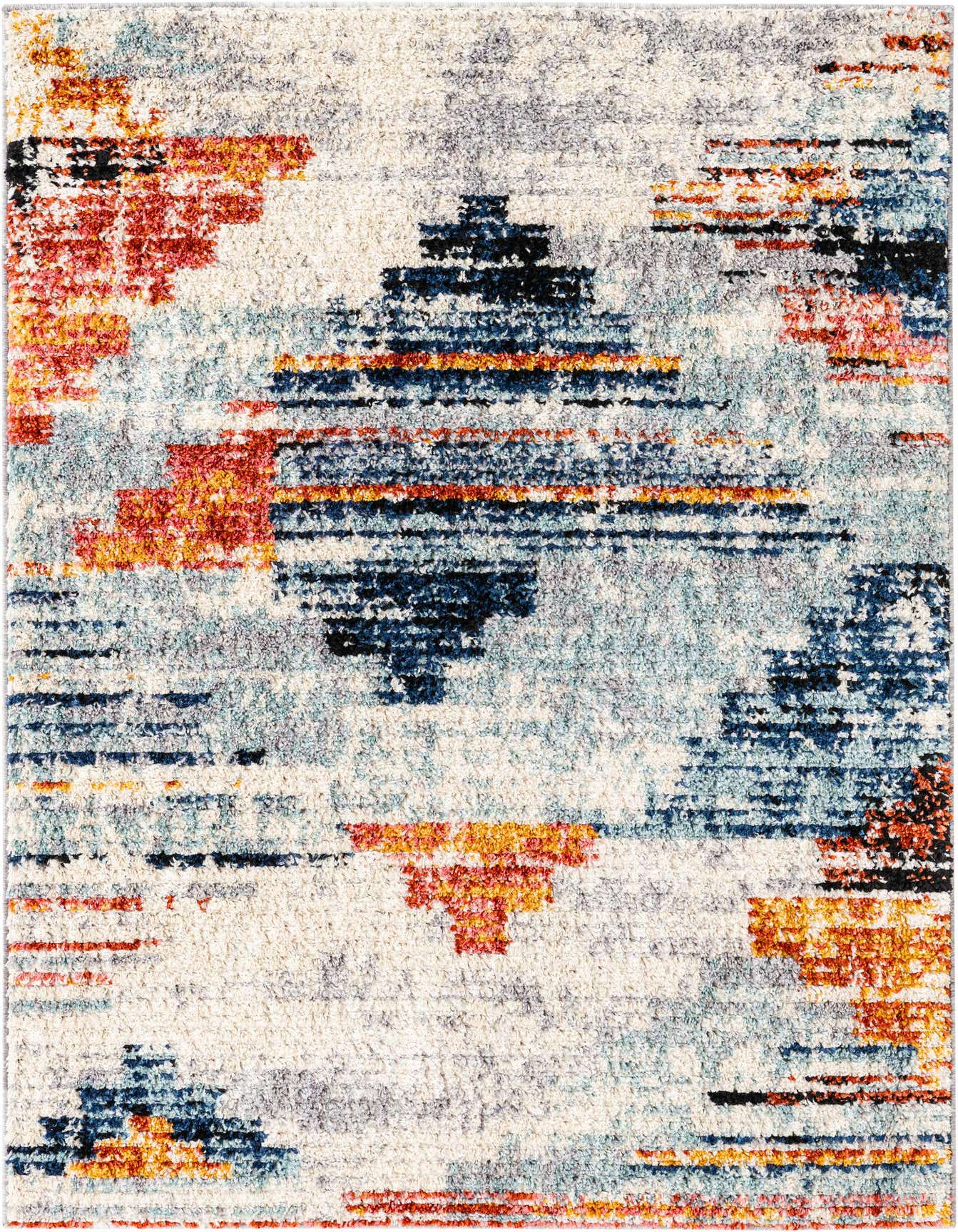 A 4x6 rectangular multi-colored modern abstract shag rug with a high textured pile, ideal for a living room or bedroom.