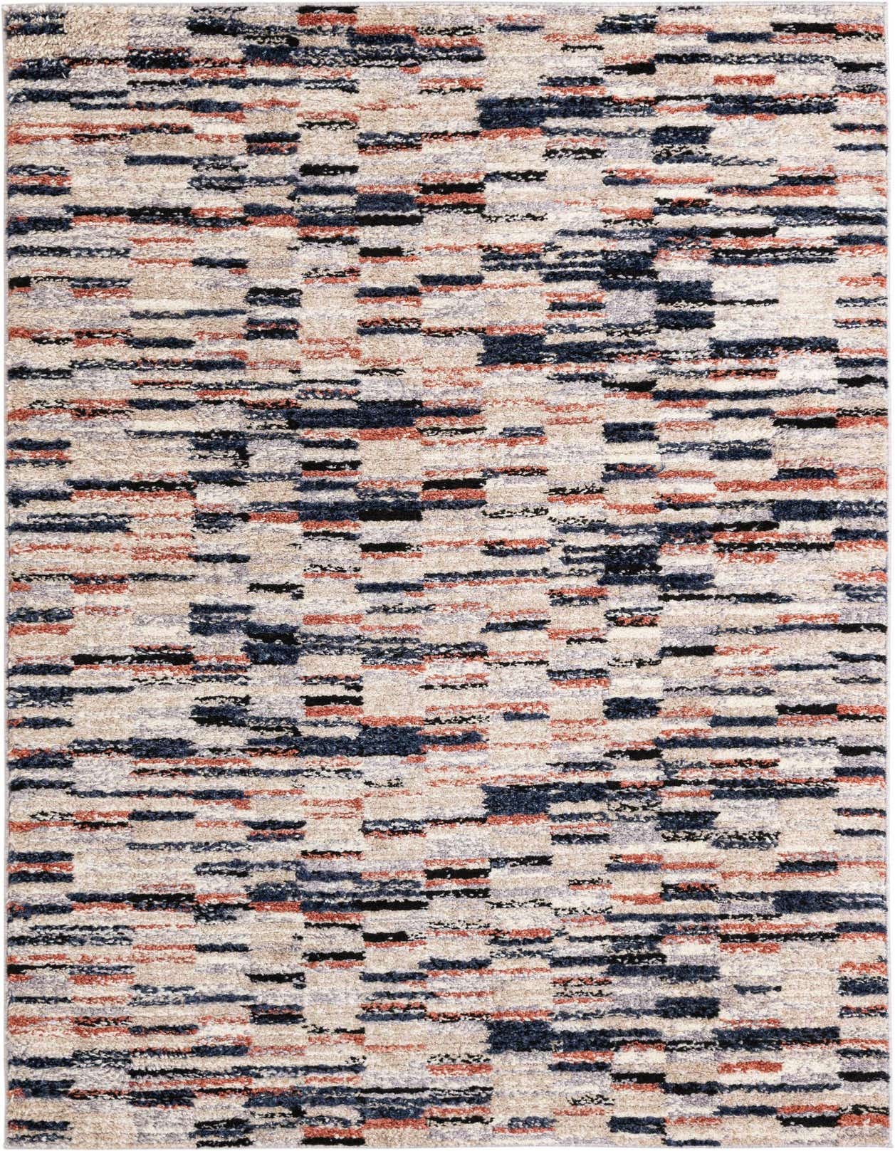 A 5x8 rectangular multi-colored shag rug with a modern Southwestern stripe pattern, ideal for a living room.